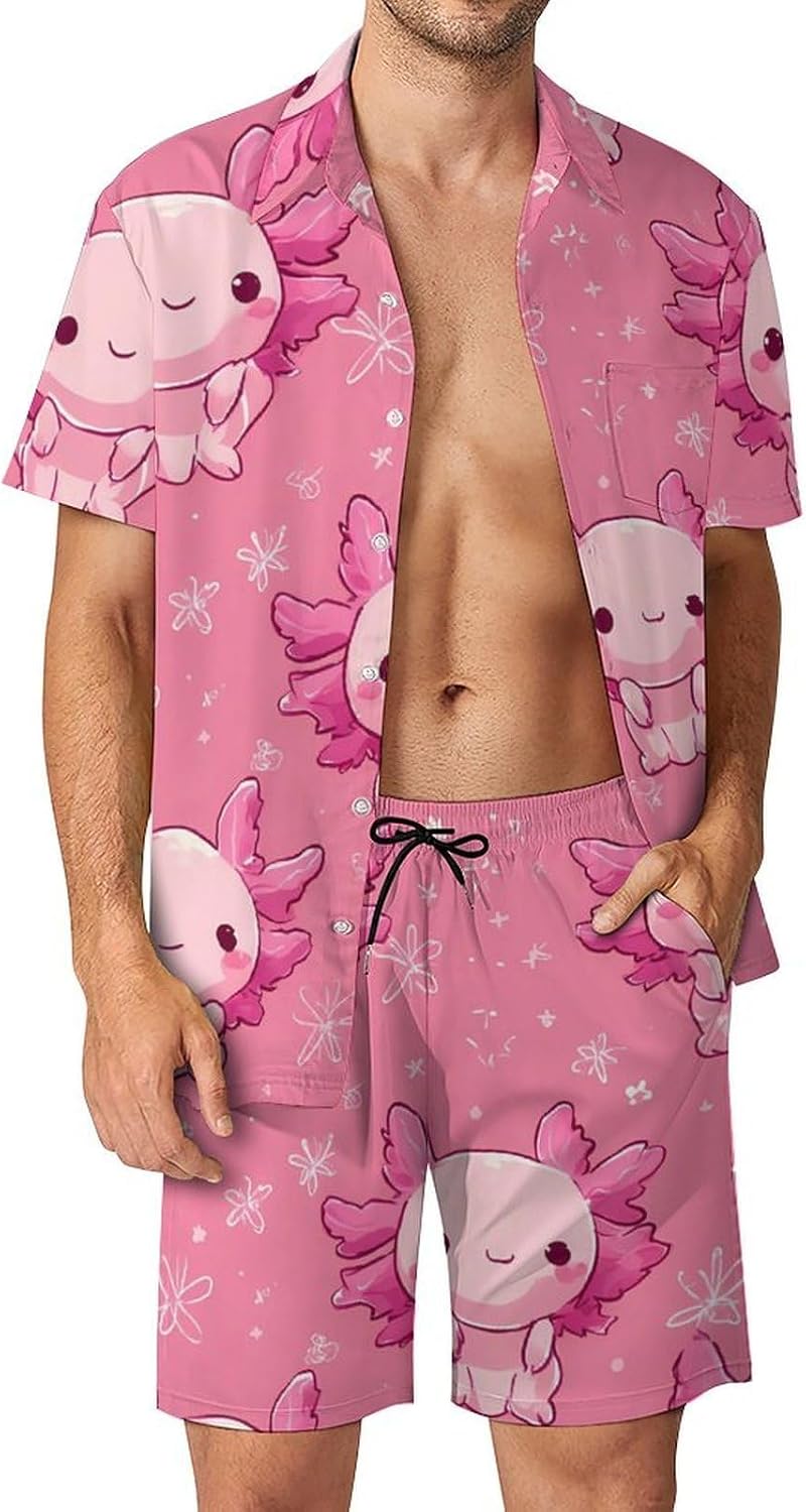 Cute Axolotl Chibi Men's Summer Beach 2 Piece Outfits | hawaiian button down shirt and shorts,vacation cruise,mens bathing suit