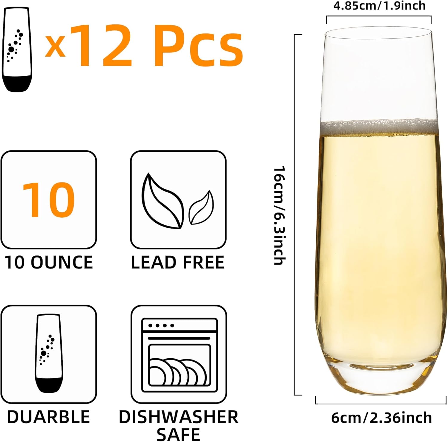 Stemless Champagne Flutes Set of 12, 10 oz Modern Clear Glasses for Champagne, Mimosas, Prosecco and Cocktails, Durable and Dishwasher Safe, Ideal for Weddings, Parties and Home (12 PCS) - Image 2