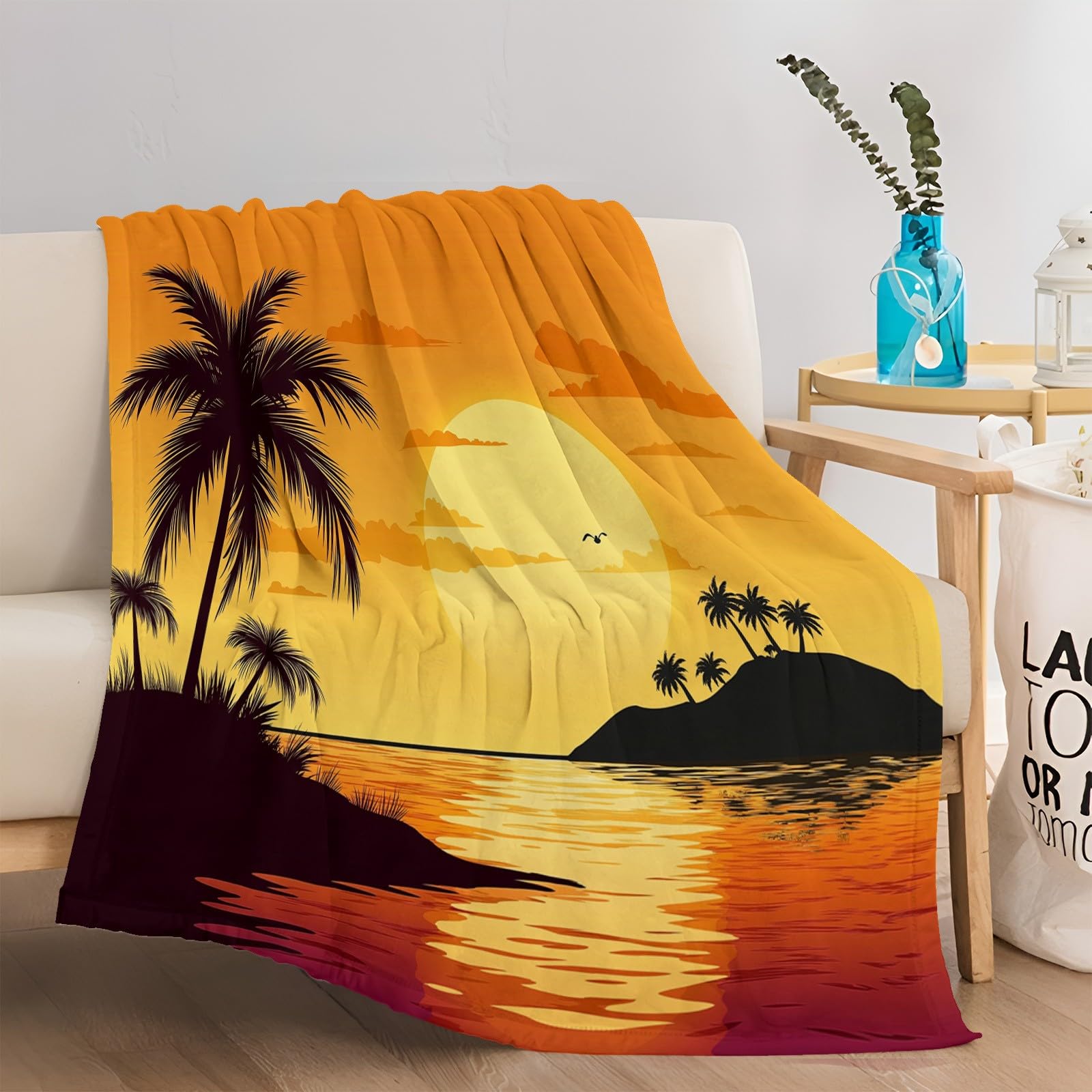 Genérico Manta Franela para Cama Isla Puesta De Sol Palmeras 220x240 cm Manta para Sofá, Suave, Cálida, Transpirable, Manta de Microfibra Multiusos para Viajes y Camping