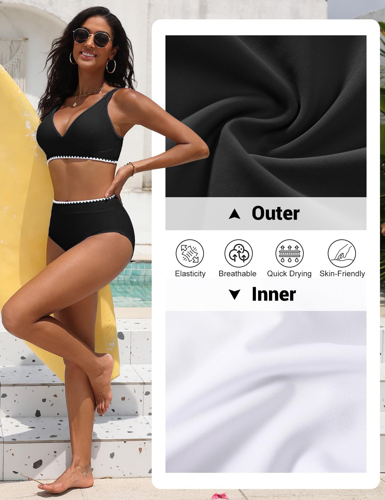 Bikini Mujer Cintura Alta Push Up Cuello En V Bañadores 2 Piezas Pliegues Reductores Control Abdominal