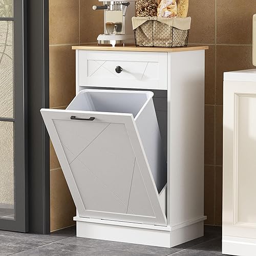 Halitaa Gabinete de basura con doble anclaje, a prueba de perros, con dos cajones, reciclaje independiente para cocina, sala de estar, color blanco