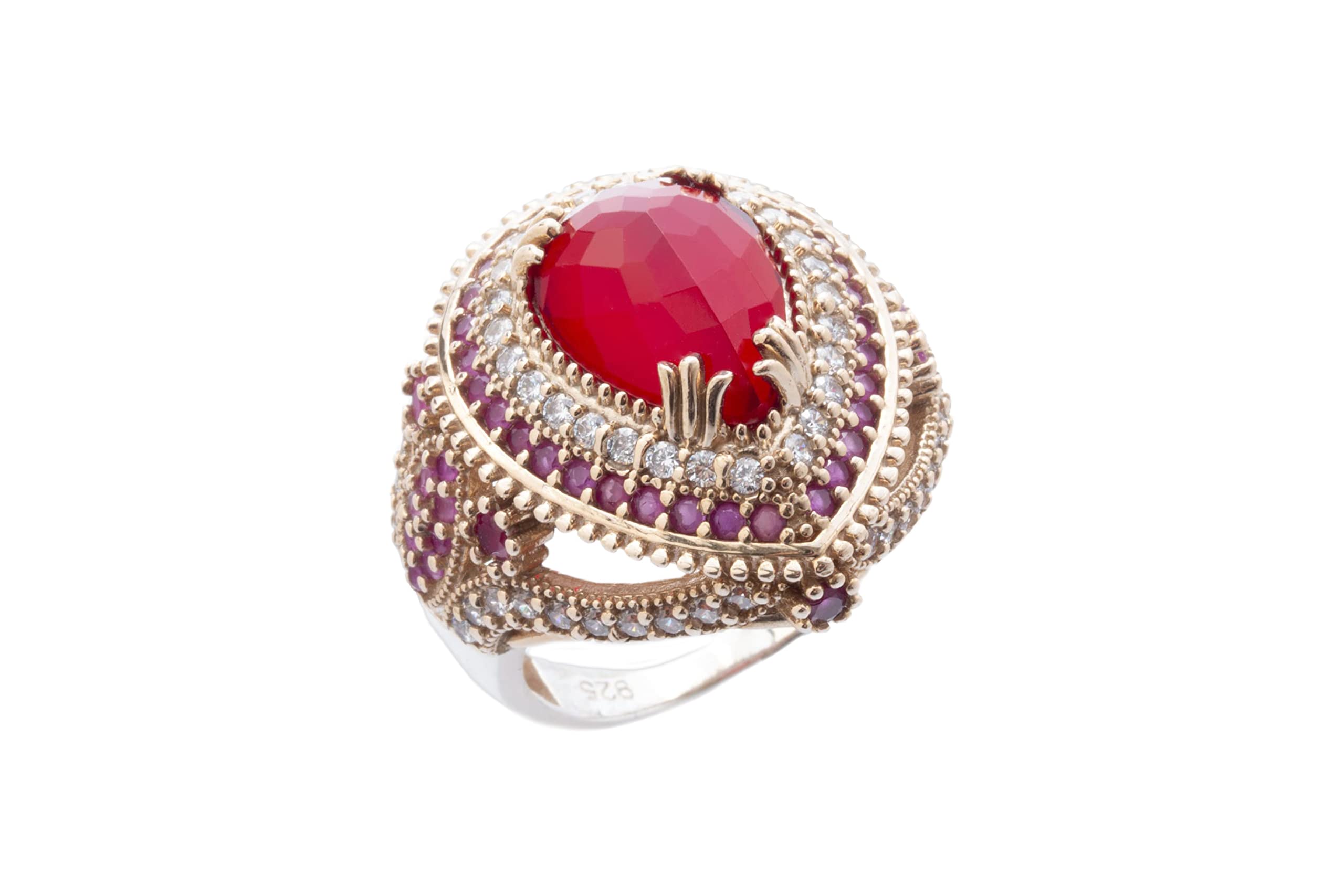 HandmadeTurkish Handmade Jewelry Drop Shape Pear Cut Ruby and Round Cut Topaz 925 Sterling Silver Ring Size Options
