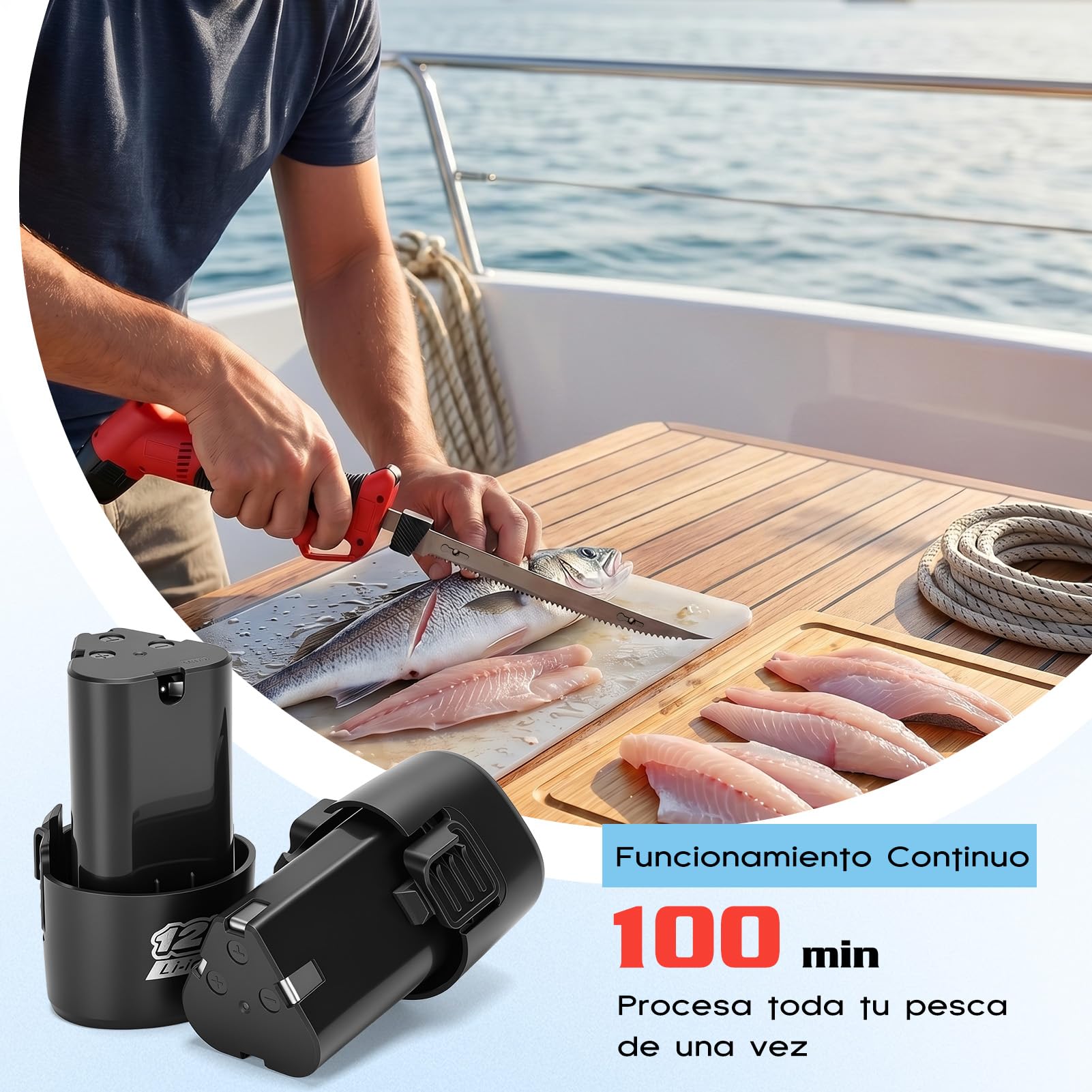Cuchillo Eléctrico Cuchillo Eléctrico Inalámbrico para Filete con 4 Cuchillas de Acero con Alto Contenido de Carbono 26-39 Cm 2 Baterías Mango Antideslizante Interruptor