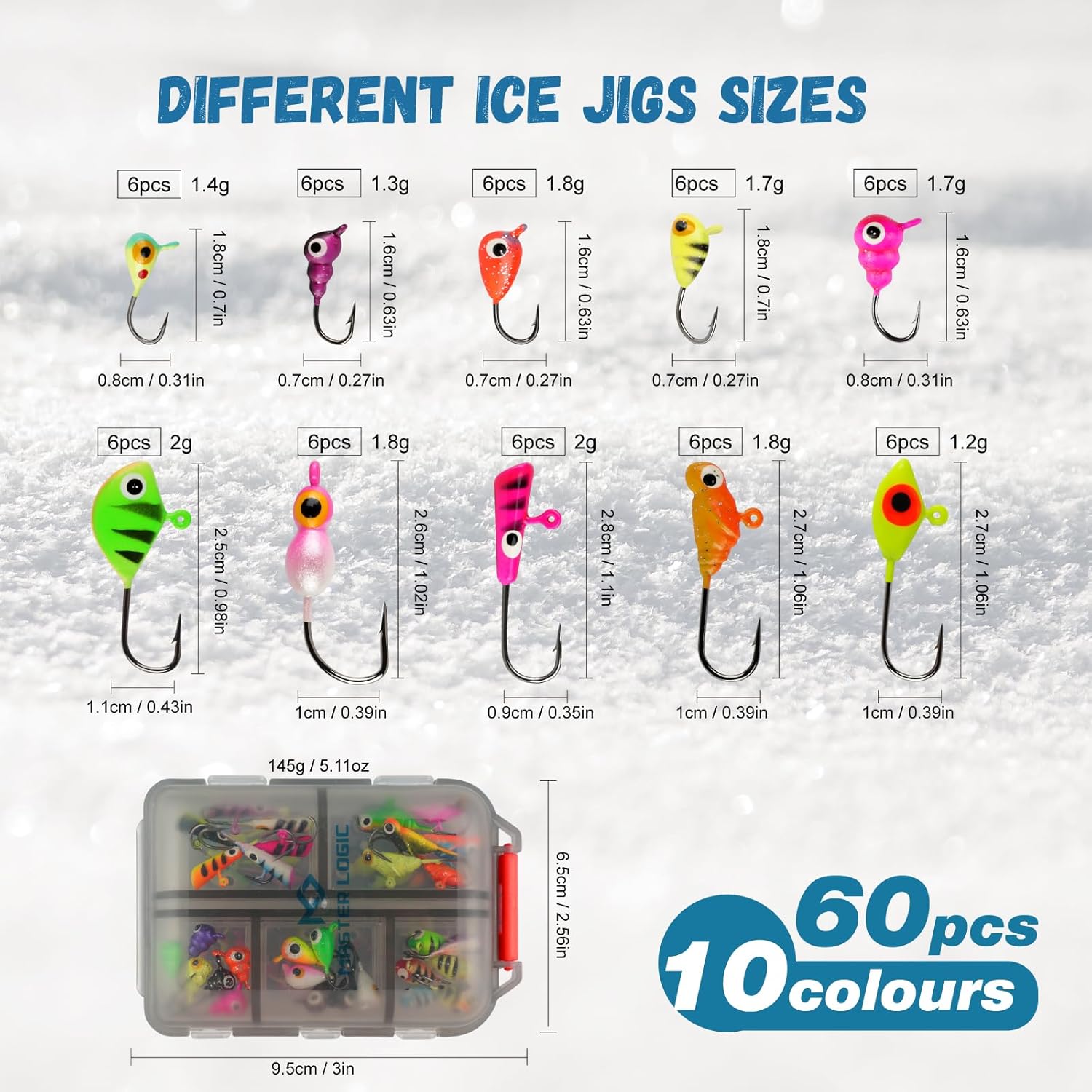 Master Ice Fishing Jigs Kit, Glow in Dark Ice Fishing Lures Set with Sensitive Jig Heads for Panfish, Crappie, Walleye, Perch with Tackle Storage Box