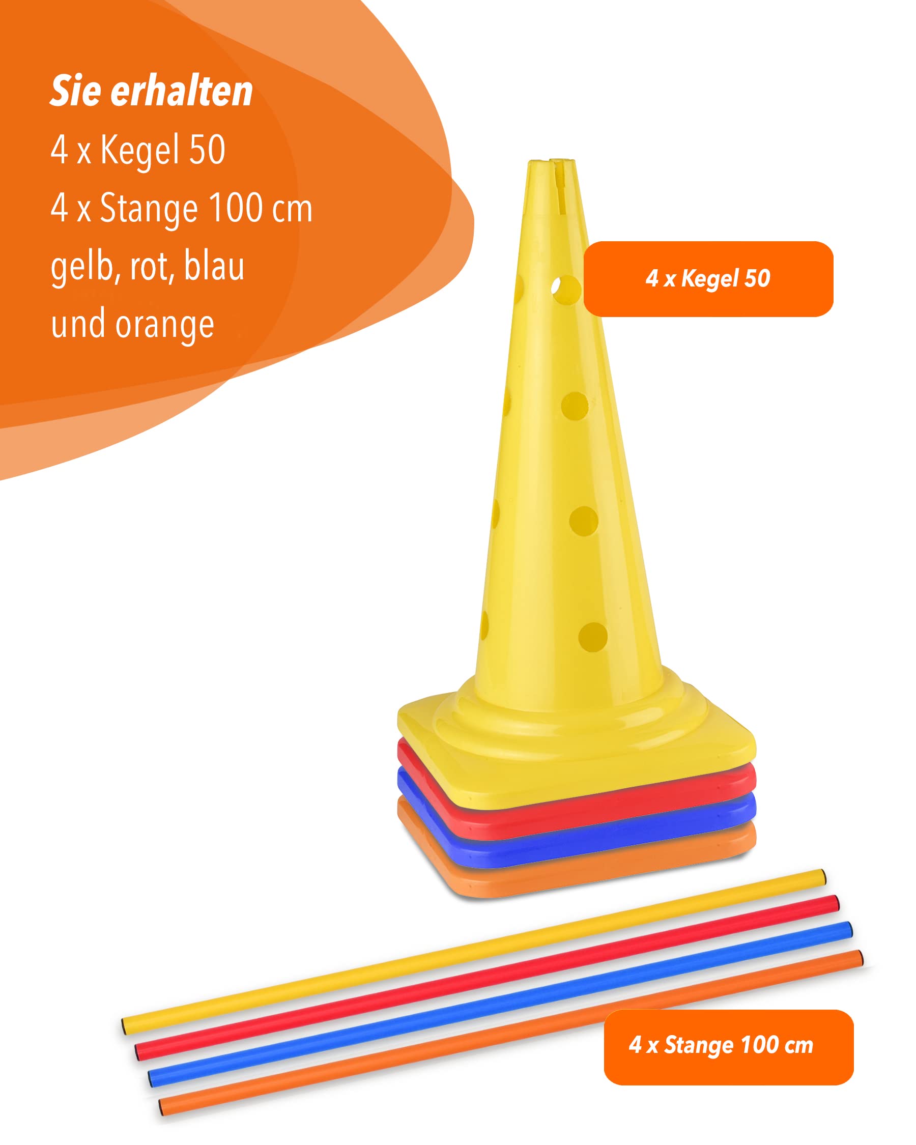 Coni combinati 50 con asta 100 cm – Set di 4 piloni con asta slalom – per slalom parcorse – Agilità e coordinazione – per calcio e sport per cani