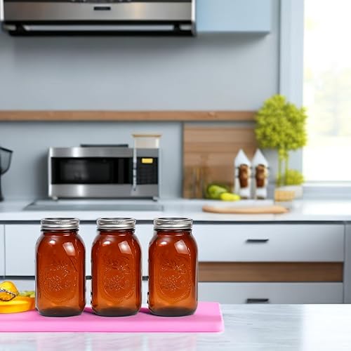 Miniatura 5 de Paquete de 6 tarros de vidrio de 32 onzas, tarros Mason de boca regular con tapas y bandas y 6 tapas de plástico blanco, tarros Mason de vidrio