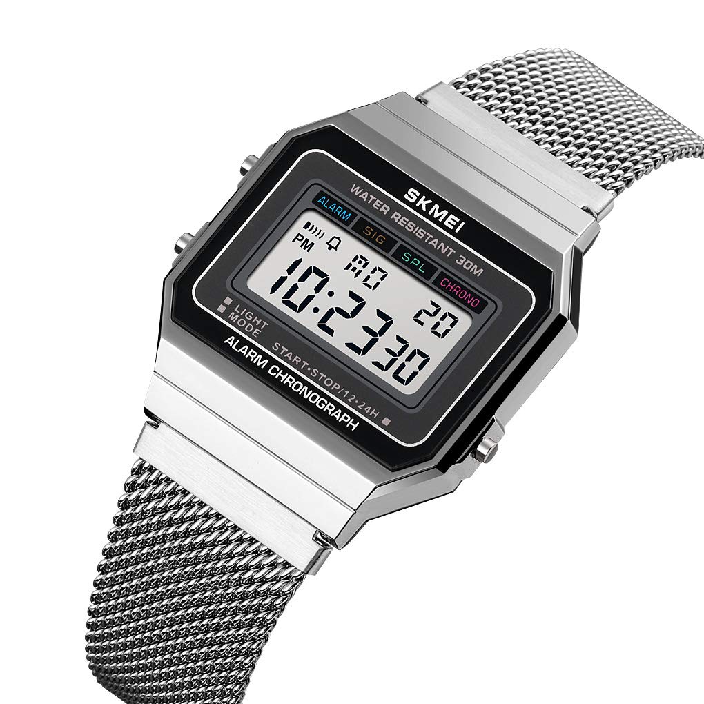 Reloj deportivo clásico unisex digital multifunción para hombre y mujer, banda de acero inoxidable, cuadrado, impermeable, electrónico, Led, plateado ( A silver ), Digital 5