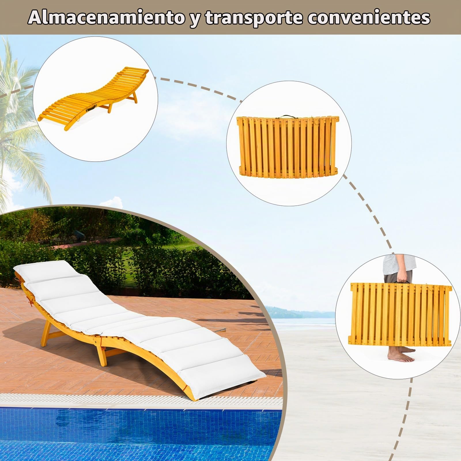 KOMFOTTEU Tumbona Plegable de Madera Reclinable con Cojín de Doble Cara | Sillón Reclinable con Asiento Acolchado Portátil, Silla Ergonómica para Jardín, Patio, Terreza, Carga 180kg, 190 x 55 x 52 cm