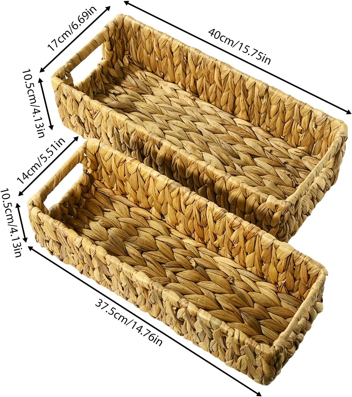Water Hyacinth Woven Storage Basket with Handles, Handwoven Rectangular Toilet Tank Basket for Living Room, Bathroom, Over Toilet Shelf, Natural Set 2