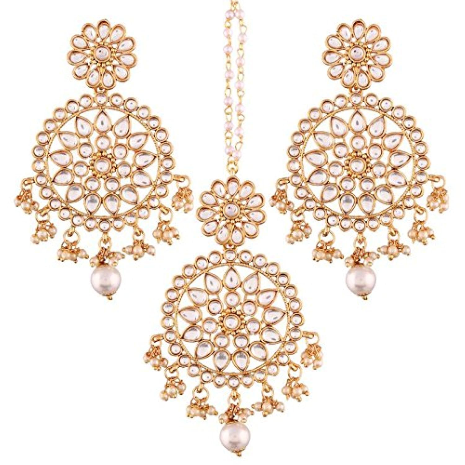 I Jewels 18K Gold Plated Traditional Kundan & Pearl Studded Chandbali Earrings With Maang Tikka Set (TE2462)