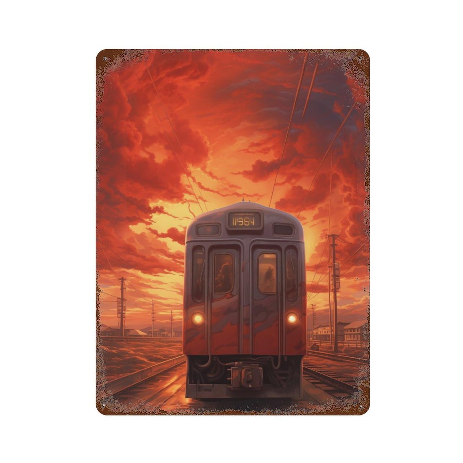 Train Sunset Journey 15.7"x11.8" Weathered Tin Sign, Shabby Chic Decor for Farmhouse, Kitchen And Entryway Decor