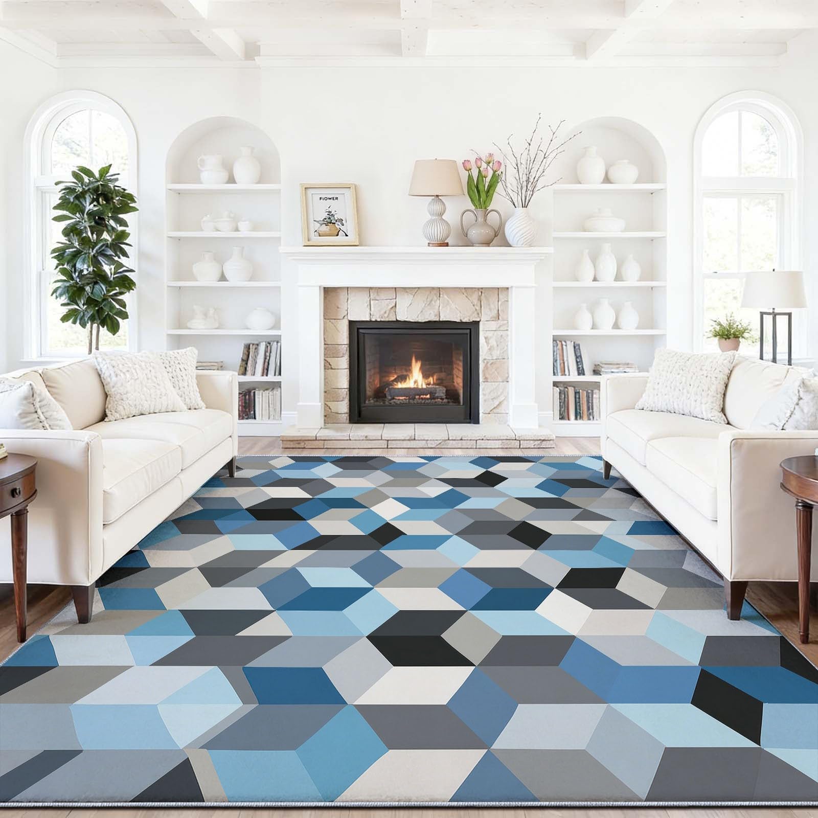 Minimalistisch geometrisch dreidimensional Teppich Wohnzimmer 80x150cm, rutschfest Kurzflor Kunstwolle Schlafzimmer Teppich, Waschbar blaugrau Bettvorleger Teppiche für Wohnzimmer Schlafzimmer