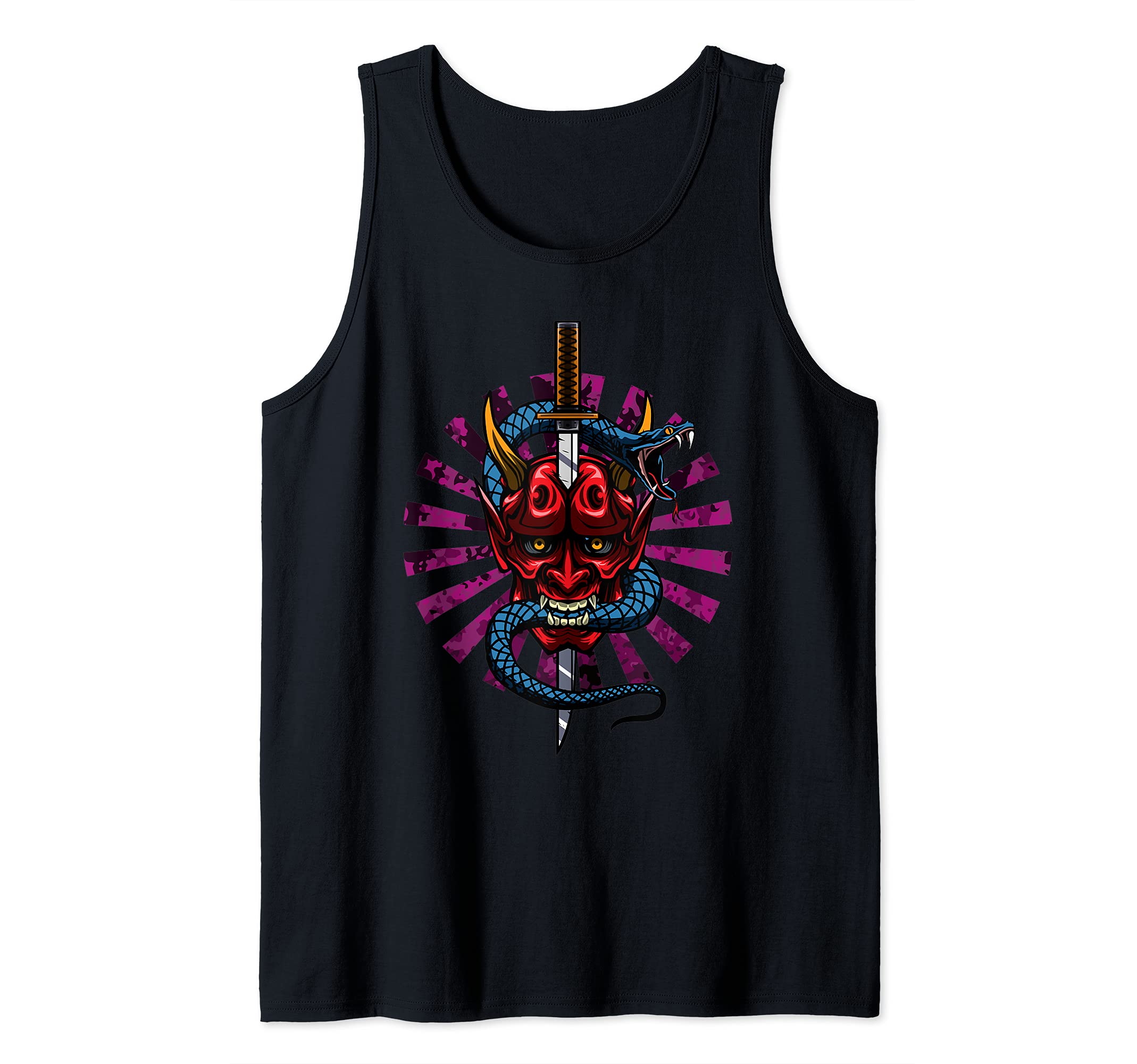 Japanese Samurai Oni Demon Skull Bushido Snake Katana Sword Tank Top, Black
