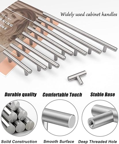 Miniatura 3 de Gobrico Manijas de níquel cepillado con barra en T de un solo agujero para armario, cocina, 2 pulgadas (1.969 in) de longitud entera, paquete de 5