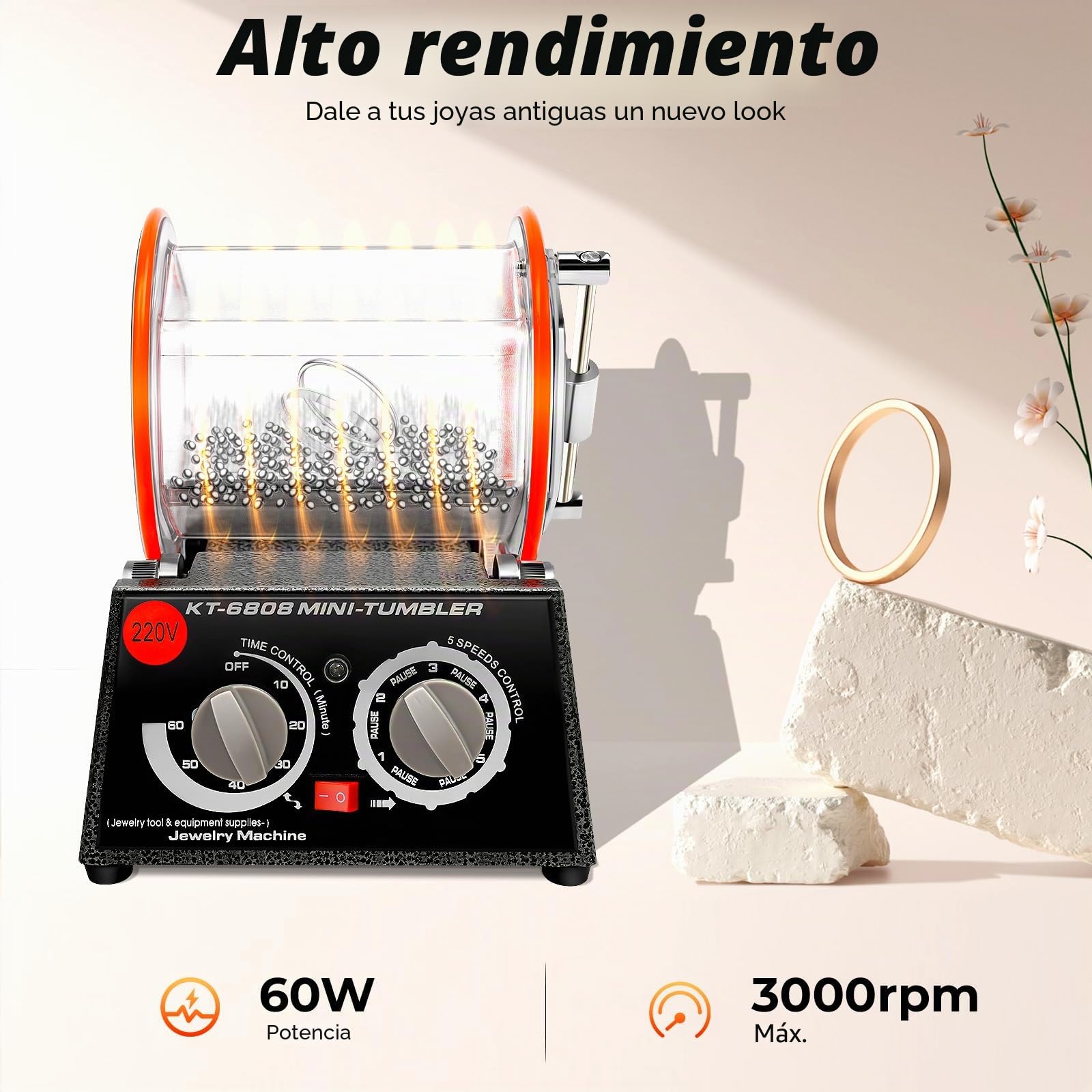 Pulidora de 3 kg 220 V, tambor de pulido, molinillo de bolas con motor de 60 W y temporizador, 5 niveles de regulación de velocidad (500 – 3000 rpm), barril transparente para joyas, monedas, piezas
