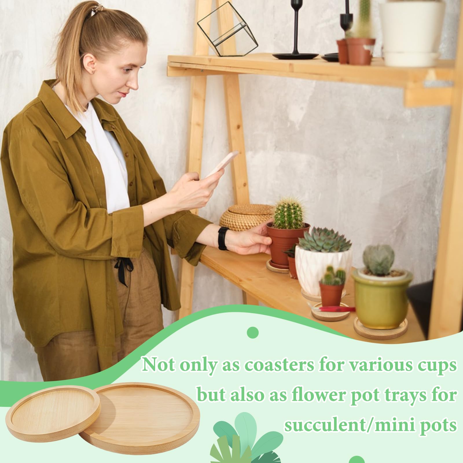 40 posavasos redondos de bambú de 8 cm y 10 cm, posavasos de madera natural para plantas, platillos circulares de bambú para manualidades, macetas de mesa, suculentas, bebidas, hogar, cocina