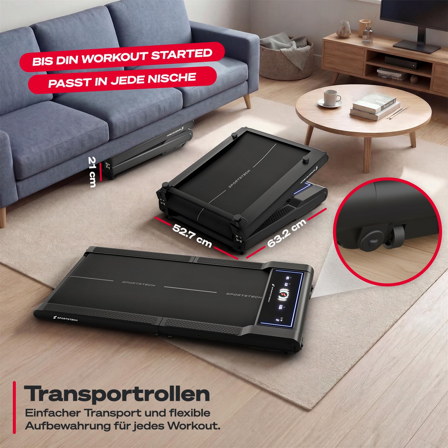 Sportstech Walking Pad sWalk Fold, Laufband für Zuhause Klappbar mit LED-Beleuchtung, App-Steuerung, bis 6 km/h, kompakt mit Transportrollen, leises Treadmill, Home Office & Schreibtisch, bis 150 kg
