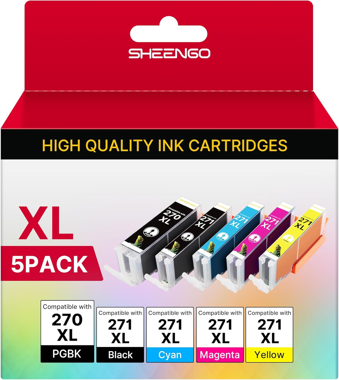 SHEENGO 270XL 271XL Ink Cartridges Compatible for Canon PGI-270XL CLI-271XL use with Pixma MG6820 MG6821 TS5020 MG5721 MG5720 MG5722 MG6822 MG7720 TS6020 TS8020(5 Pack, PGBK/Black/Cyan/Magenta/Yellow)