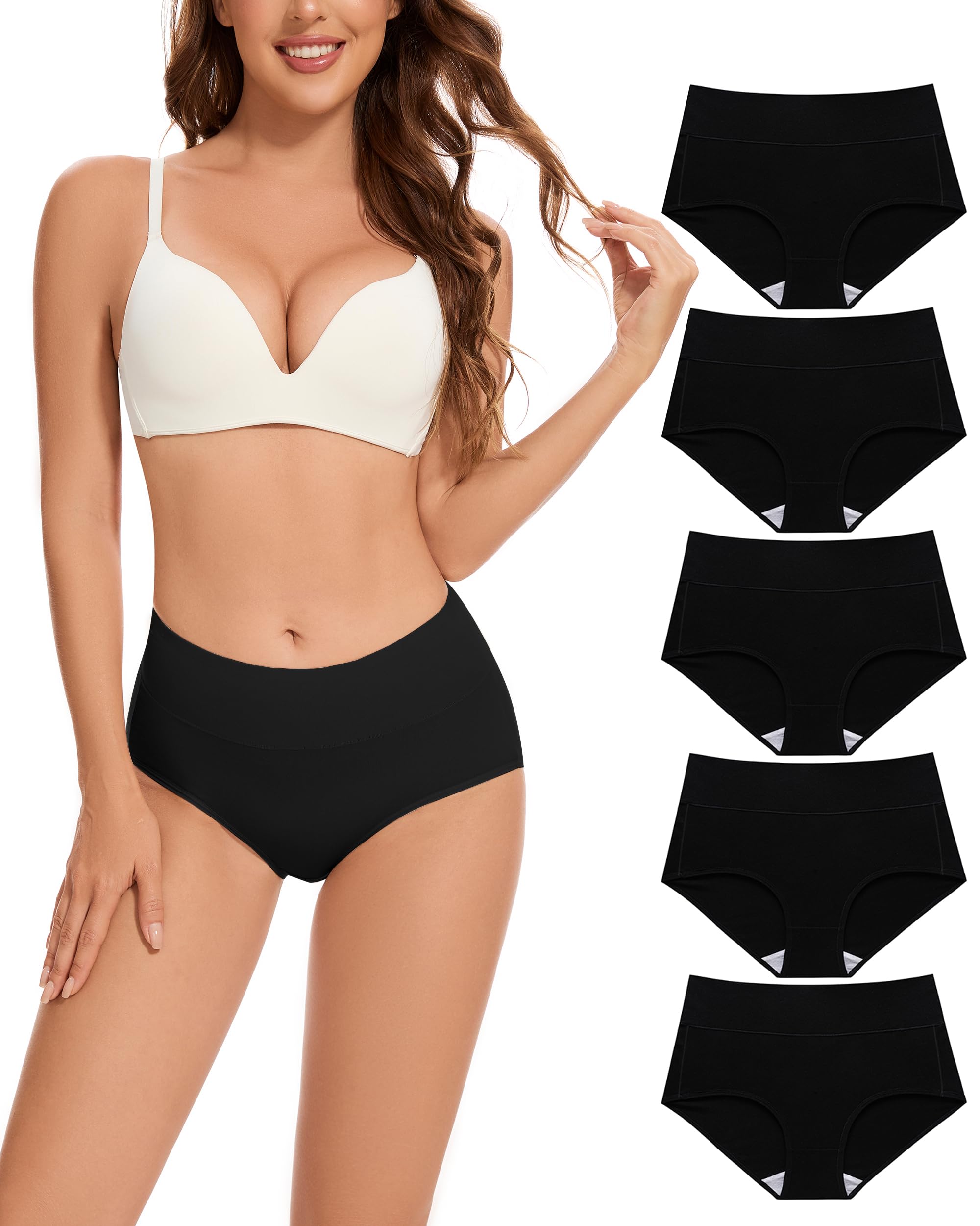 Cotton Underwear for Women High Waisted Full Coverage Briefs Soft Breathable Moisture Wicking Ladies Panties 5 Pack Multi