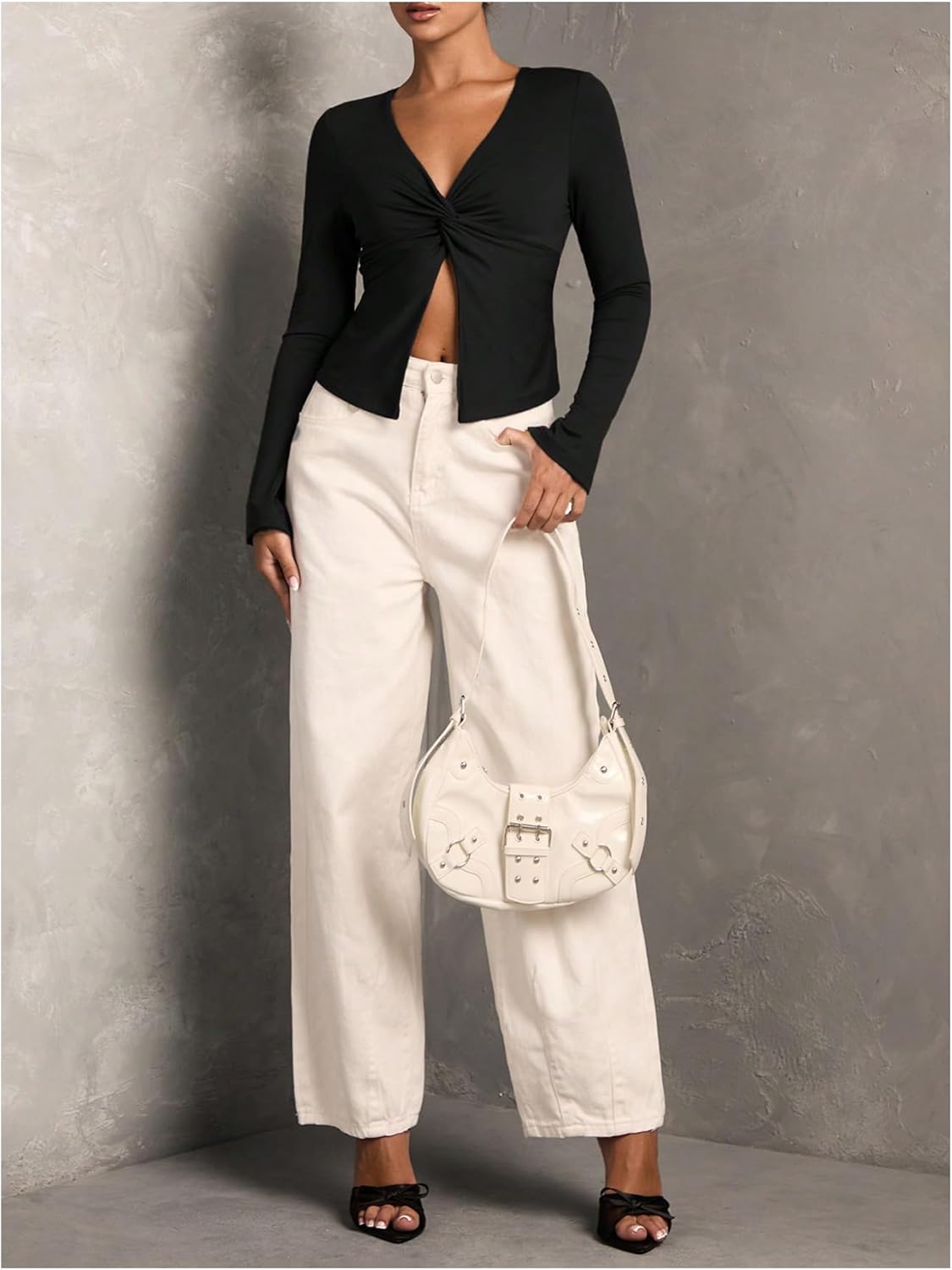 Verdusa Women's Twist Front Long Sleeve Shirts Deep V Neck Fitted Crop Tee Y2K Going Out Tops - Image 5