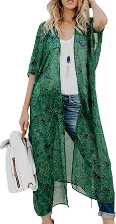 Womens Open Front Bathing Suit Cover Ups Sheer Chiffon Leaf Print Kimono Cardigan Green, Large