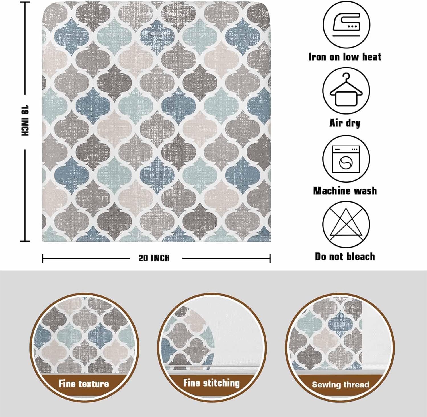 Moroccan Geometric Plaid Dining Chair Cover Set of 6,Removable Chair Back Covers Blue Grey Tile Lattice on Linen Washable Kitchen Chairs Slipcover for Home Dining Room Office Hotel