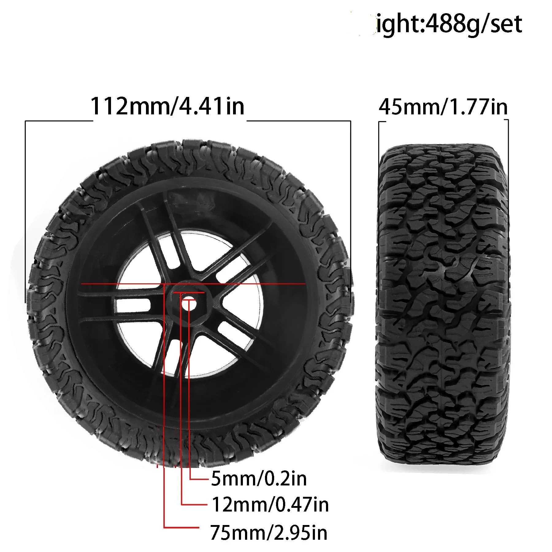 Gomma SC 112mm 1:10 Esagono 12mm | Traxxas Slash, Arrma Senton, HuanQi 727, Vkar 10sc, HPI HSP(Black)