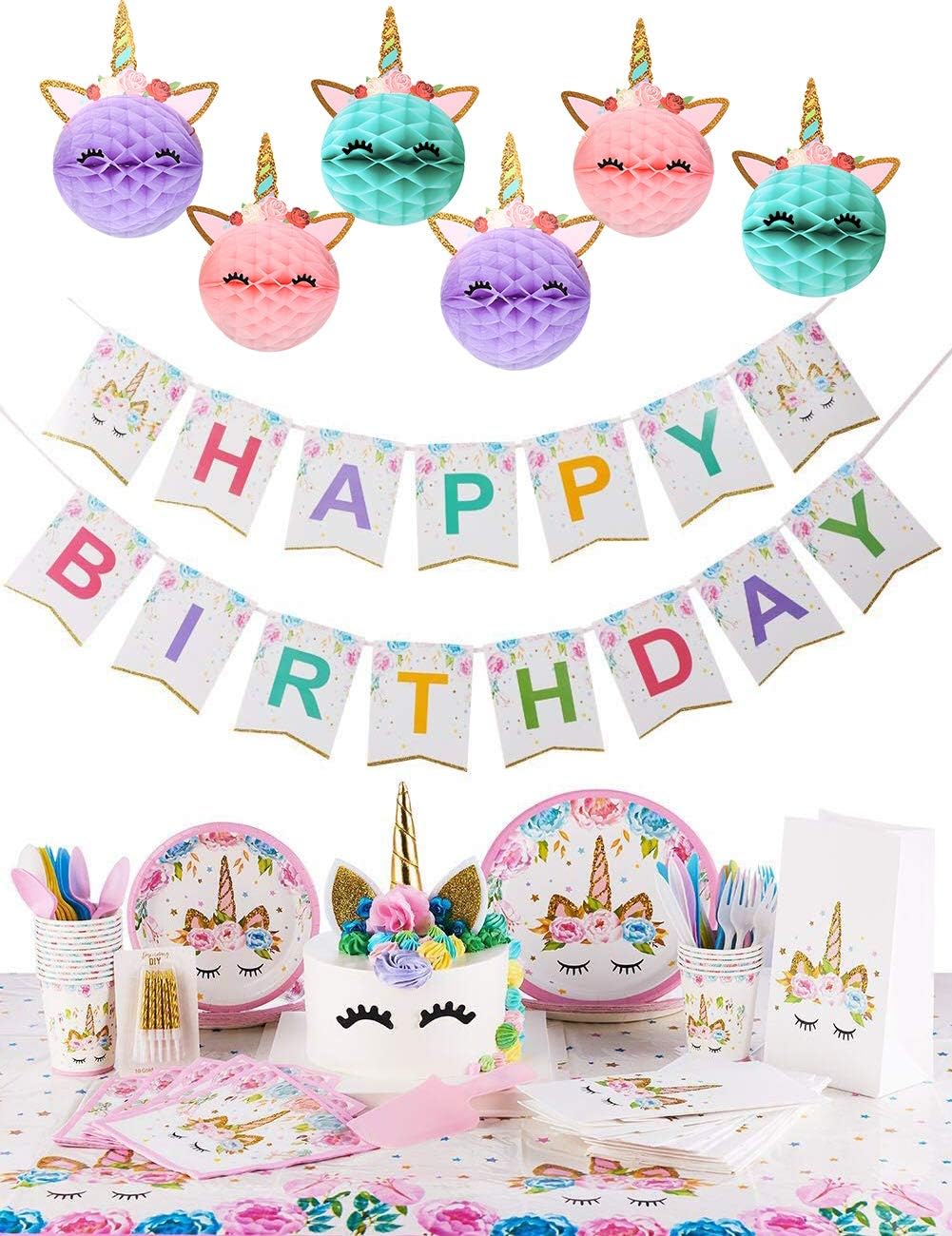 Party Decoration, Happy Birthday Banner with Honeycomb Balls for Girls Birthday Party Supplies -Golden Glitter Design