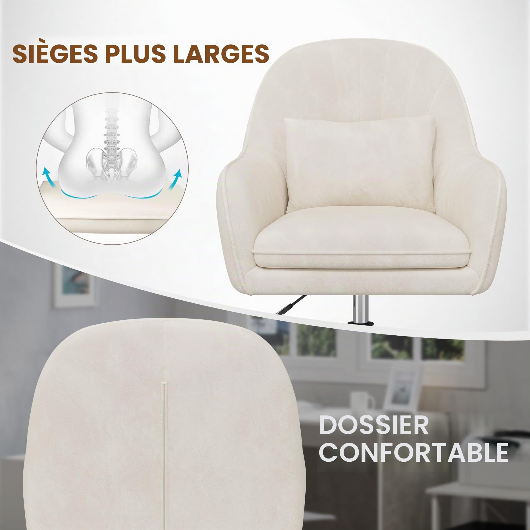 Homeoffice Chaise en Velours avec Oreiller, pivotante à 360 °, Hauteur réglable, Ergonomique, Chaise de Maquillage, pour Bureau, Chambre à Coucher, Charge maximale 200 kg, Beige