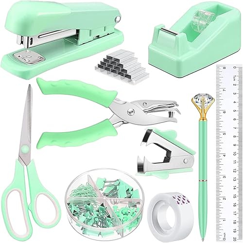 Kit de suministros de oficina de escritorio rosa para mujeres, grapadora de escritorio rosa, dispensador de cinta, removedor de grapas, perforador,