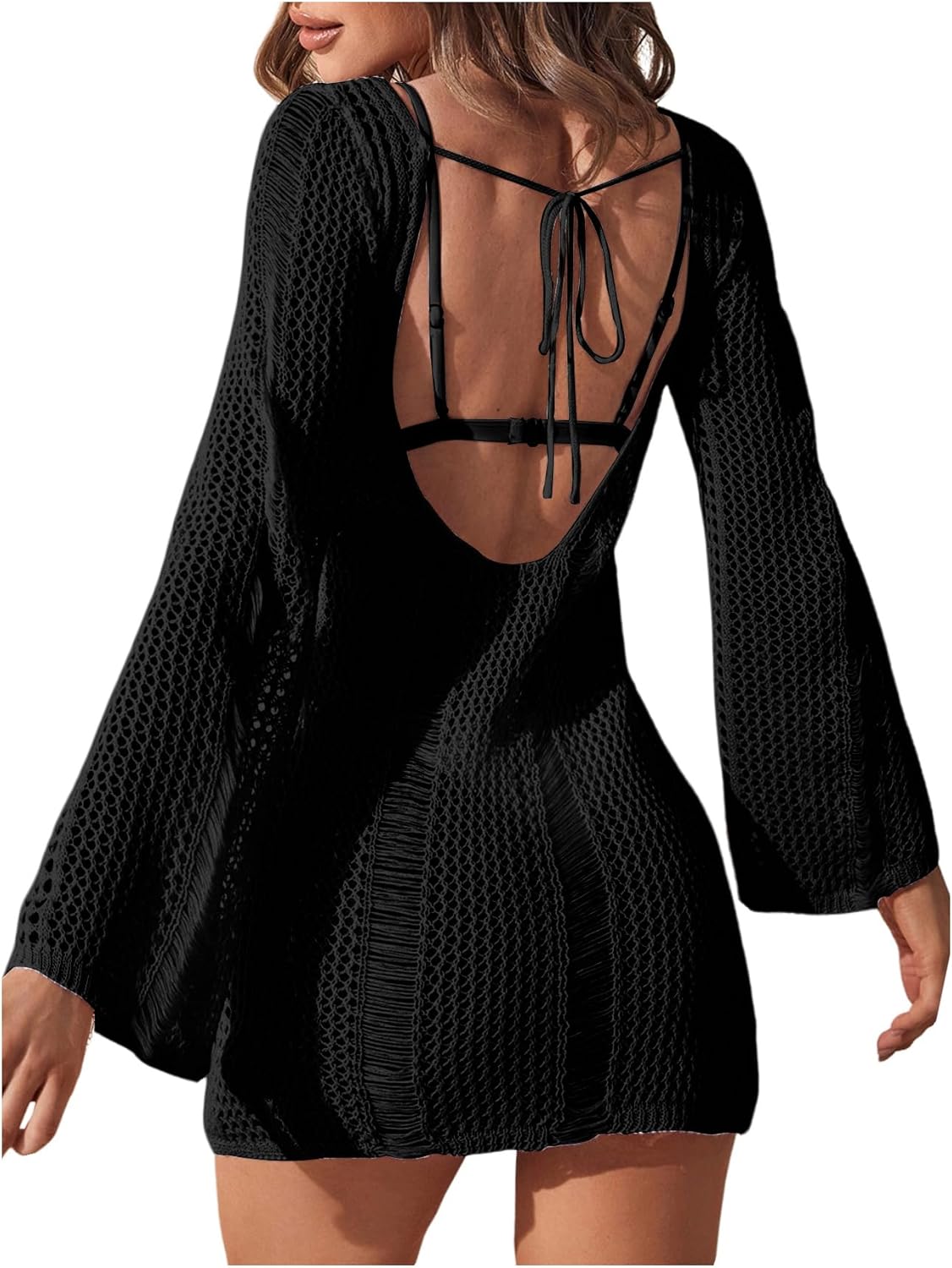 COZYEASE Women's Long Sleeve Backless Knitted Cover Up Swimsuit Hollow Out Crochet Swimwear Beach Dress