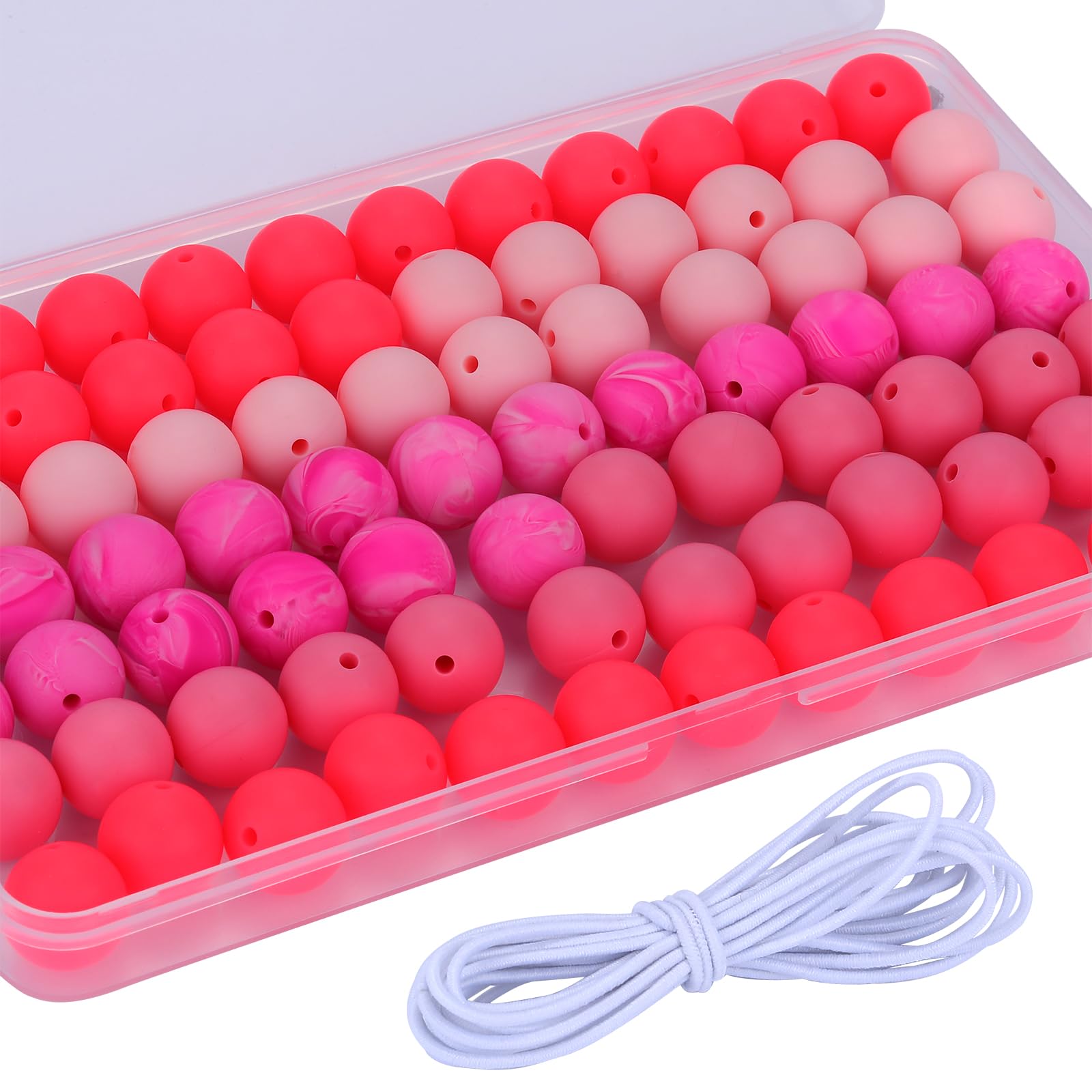 WEWAYSMILE 80pcs 15mm Silicone Beads, Bulk Round Silicone Beads, with 2 Meters Elastic Beaded Rope for Bracelet Keychain Lanyards Jewelry DIY Crafts