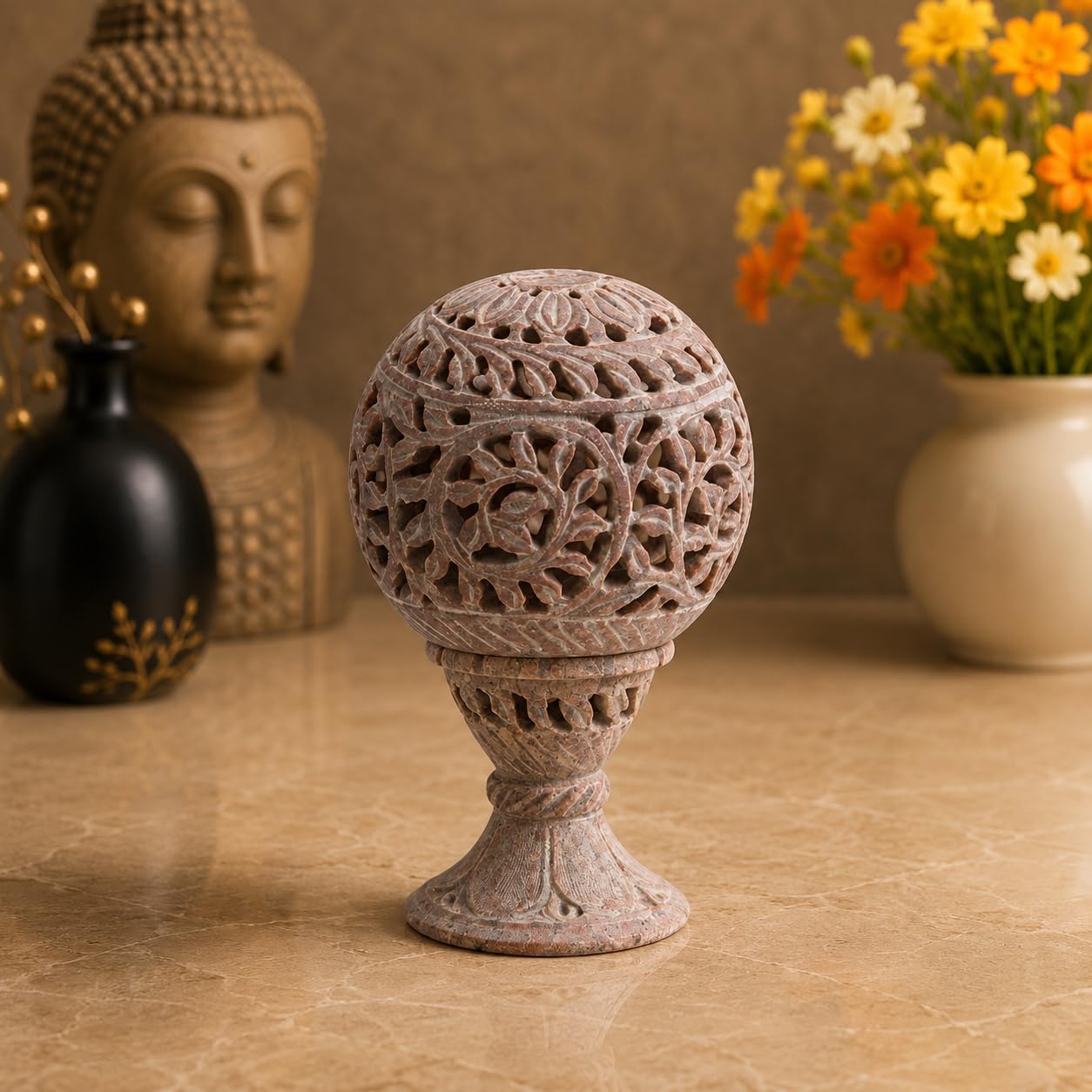 White Whale Hand Carved Soapstone Tealight Candle Holder with Floral Shaped Carving Work Handmade Tea Light Holders for Yoga Home Decor Spa Votive Use-image-1