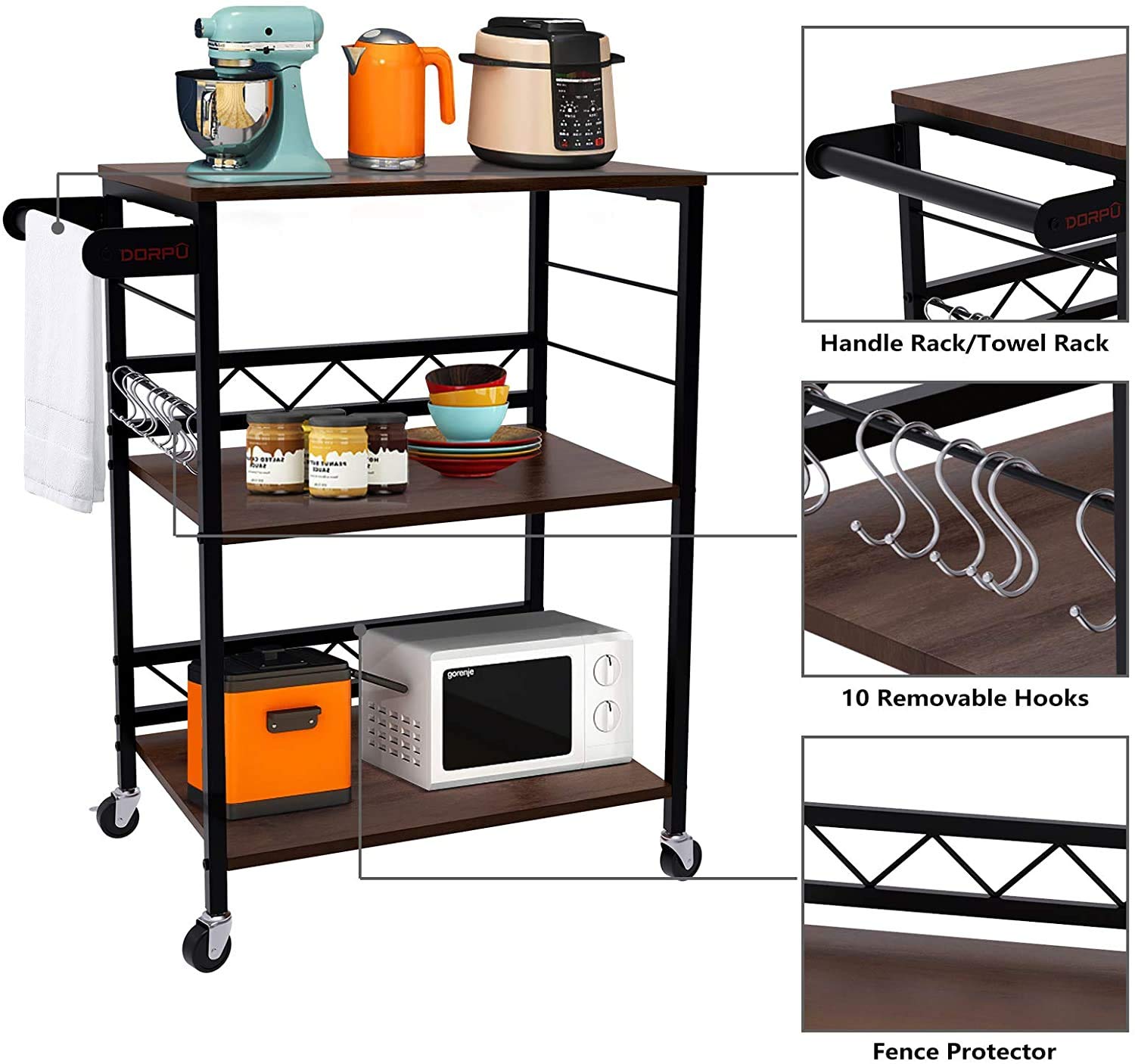 INDIAN DECOR. 45248 Bar Cart, 3-Tier Sturdy Kitchen Cart with Wheels Durable Microwave Cart for Dinners and Barbecues and Kitchen Storage