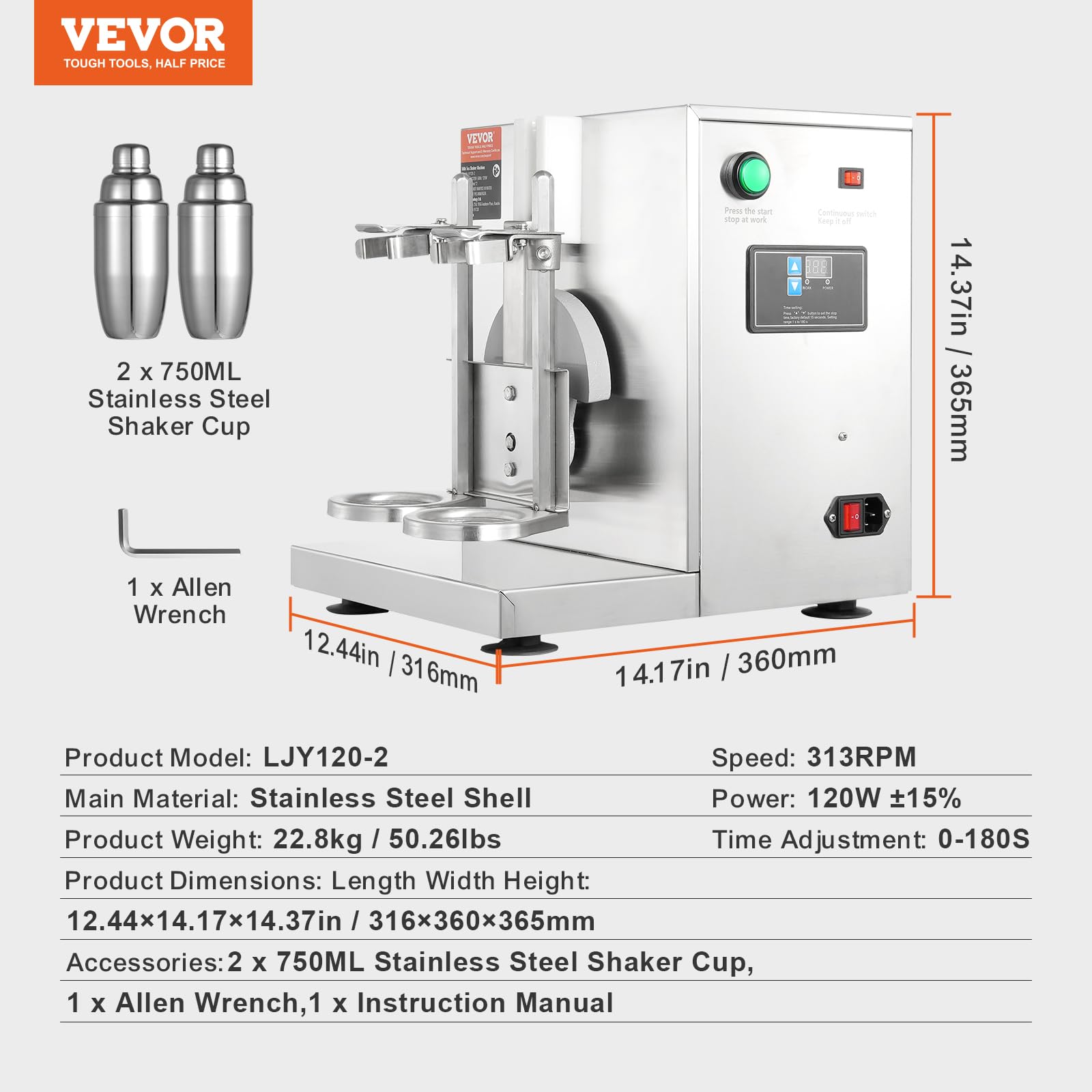 VEVOR Batteur Mixeur à Milkshake Commercial, Appareil à Thé au Lait Électrique 120 W, Mélangeur à Boissons Double Tête, Réglable 0-180 s, avec Tasse Inox 750 mL, pour Magasin de Thé au Lait Bar Café