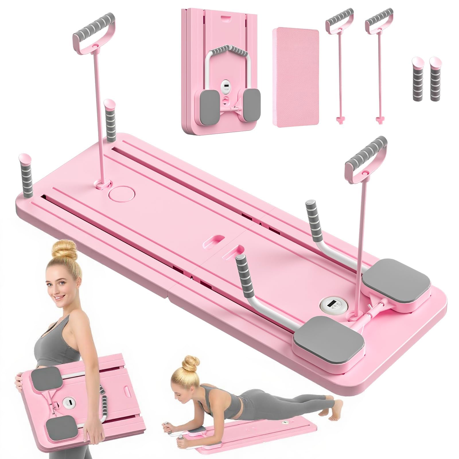 Pilates Board - 5 in1 Pilates Reformer Set, جهاز بيلاتس Pilates Reformer Machine with Timer,Multi-Purpose Foldable Pilates Machine for Home Use and Gym Workout,Pilates Sliding Board for Home Women Men Pink
