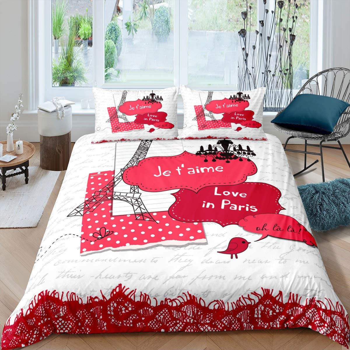 Loussiesd Paris - Set copripiumino con stampa Torre Eiffel, set copripiumino per ragazze e donne memory, set di biancheria da letto romantico in stile francese, 3 pezzi per letto matrimoniale