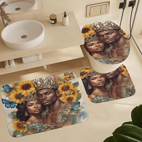ZGDPBYF Afro Couple Vintage Floral Flower Romantic Love Bathroom Rug Set of 3, Butterfly 3 Pieces Bath Mats Set for Bathroom, Washable Cover Floor