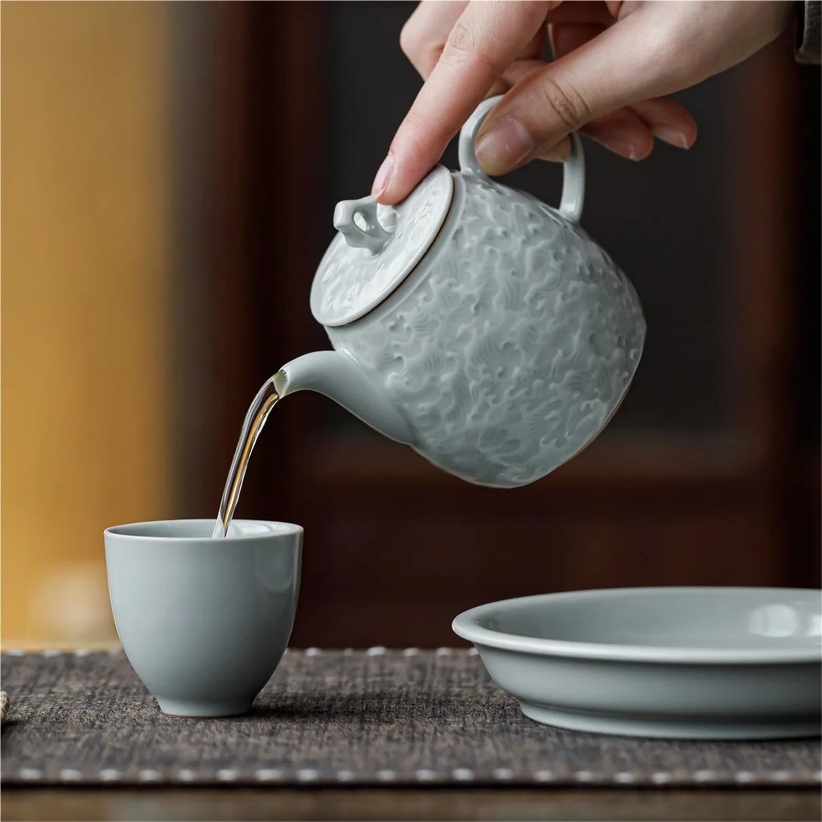 Theiere Théière en céramique bleu ciel Ru Kiln Relief avec filtre, infuseur à thé, théière en porcelaine