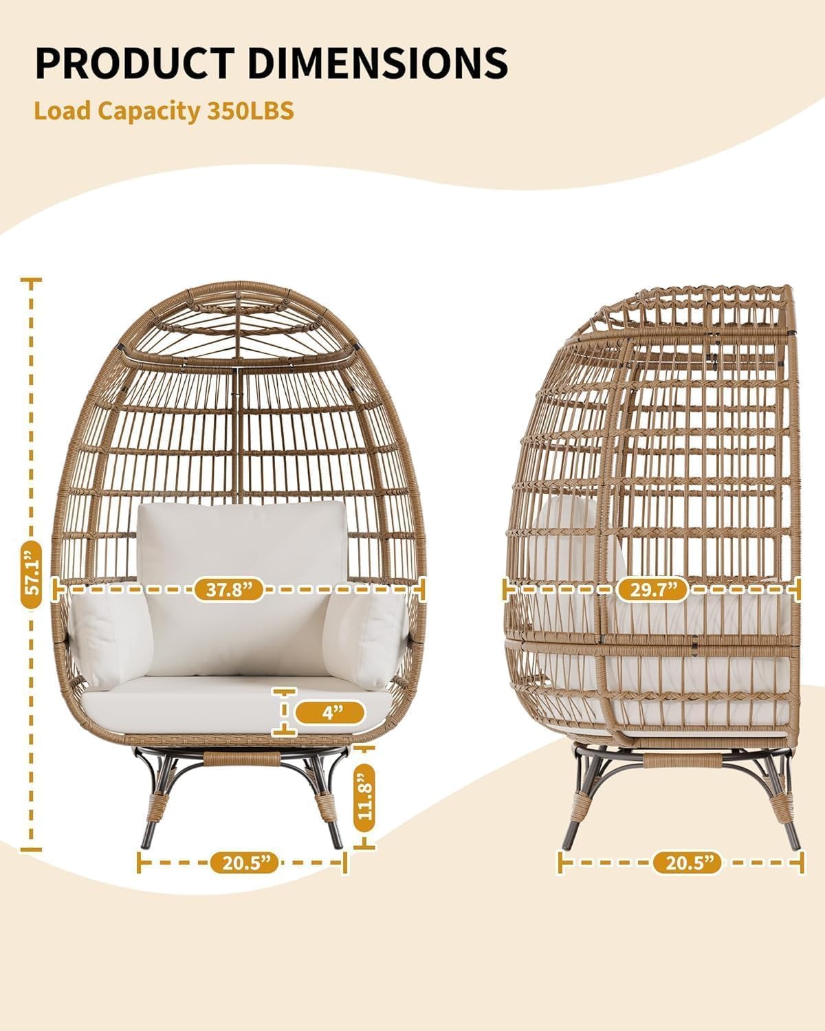 360° Swivel Egg Chair, Oversized Patio Rotating Basket Chair, Steel Frame and Metal Base, Waterproof, PE Rattan Lounge Chair for Indoor & Outdoor, Porch, Living Room, Backyard, Beige