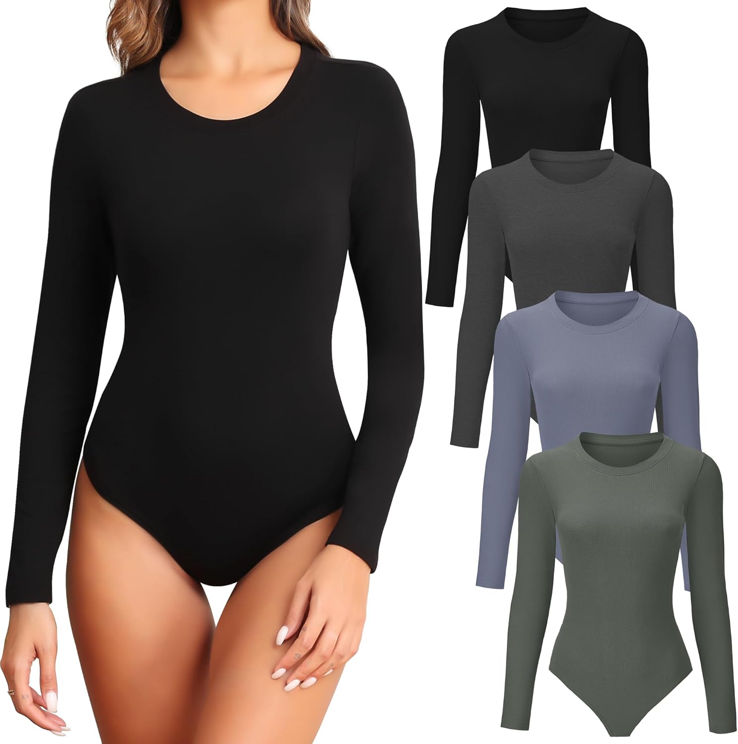 TVKSOM 4/5 Pack Long Sleeve Bodysuit for Women Round Neck Soft Breathable Casual Basic Stretchy Body Suits Tops