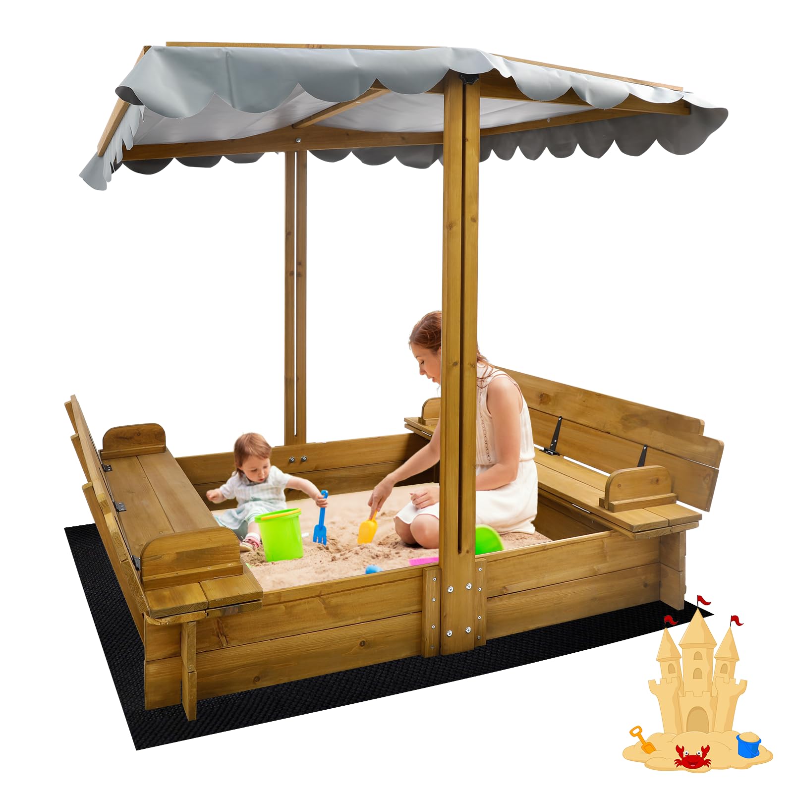 Kids Sandbox with Lid, Wooden Sand Box with Cover Outdoor, UV-Protection & Natural Wood, Foldable Bench Seat, Adjustable Canopy, Sand Box for Kids Ages 2-8?47x47in?