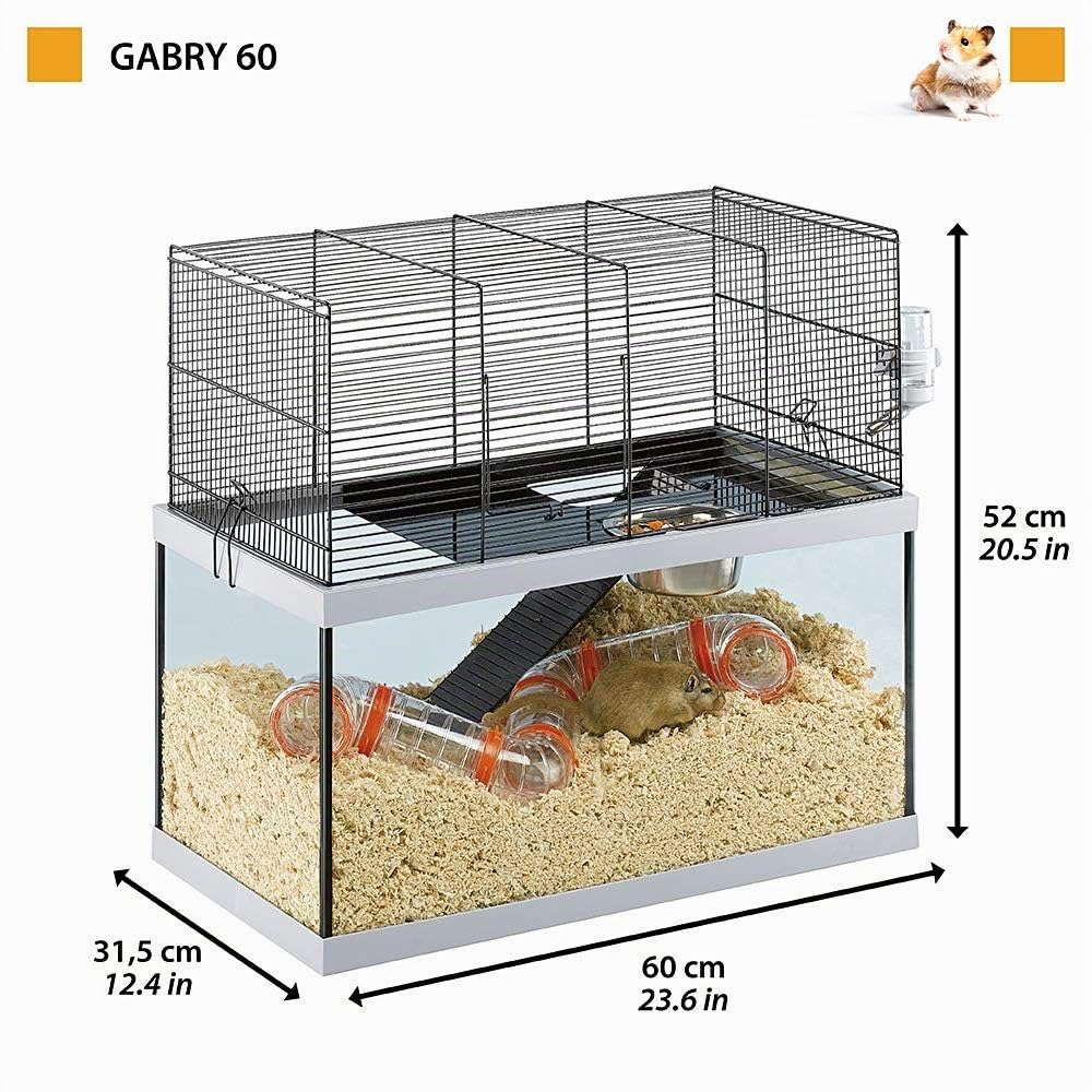 Ferplast Jaula para Roedores GABRY 60 para Jerbos, Hamsters, en Metal y Cristal, Accesorios incluidos: Comedero, Bebedero, Estante, Escalera, Juego de Pipas, 60x31,5xh52cm