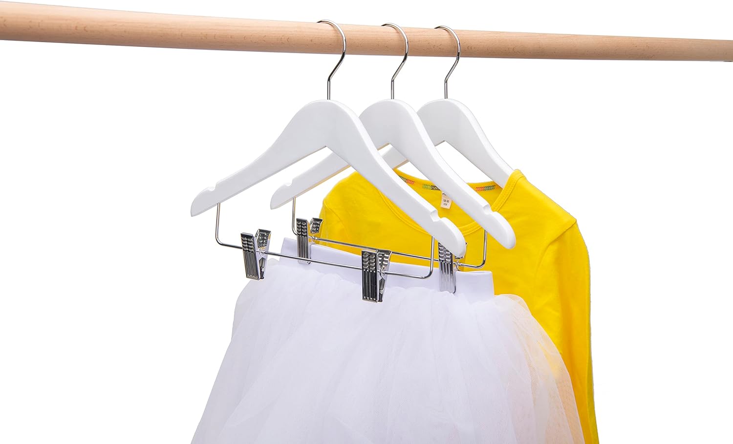 Quality Hangers 20 Pack Kids Wooden Pants Hangers 12 Inches - Skirt Hangers with Adjustable Metal Clips 360° Swivel Chrome Hook & Nonslip Notches- Ideal for Clothes Size 8 and Smaller (White, 20)