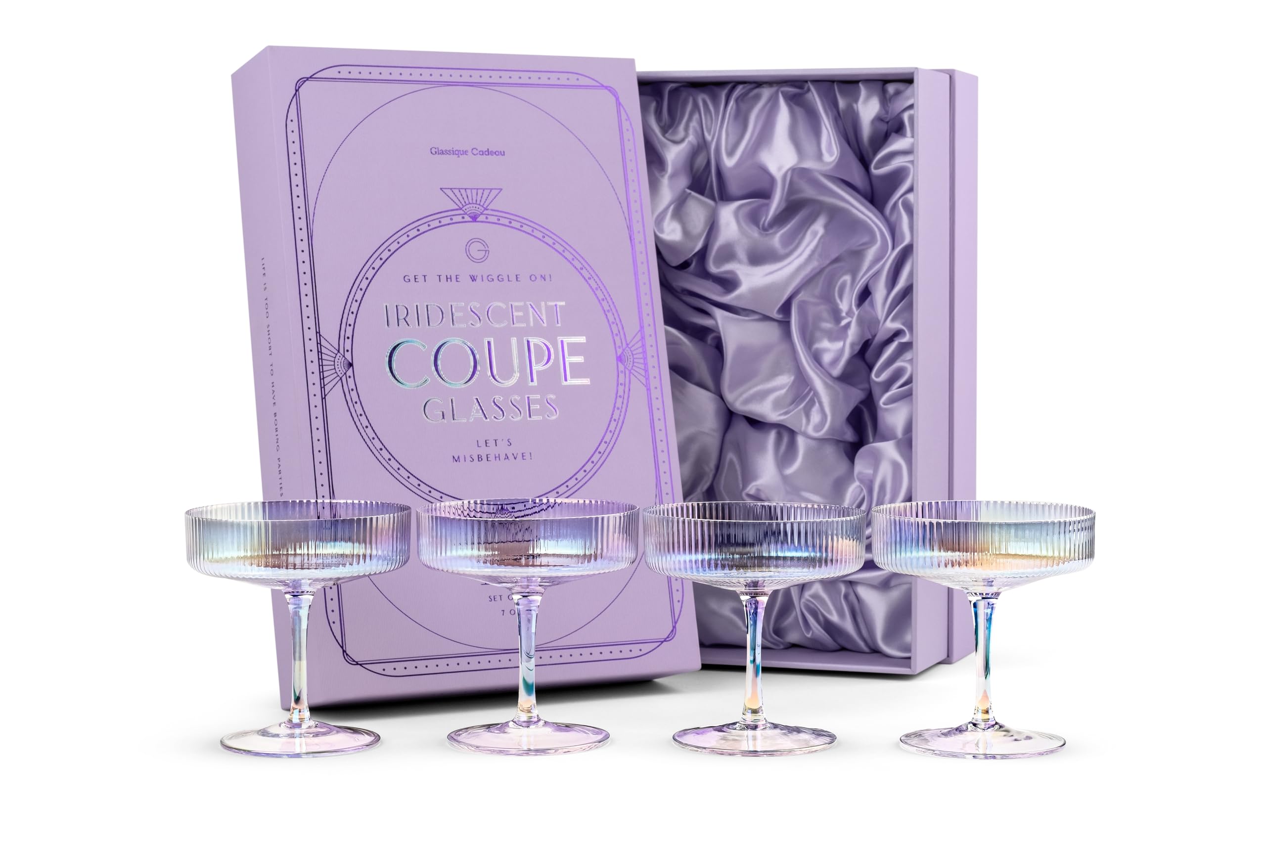 Vintage Art Deco Iridescent Coupe Glasses | Set of 4 | 7 oz Rainbow Colored Cocktail Glassware for Drinking Champagne, Martini, Cosmopolitan| Crystal Speakeasy Style Colorful Saucers