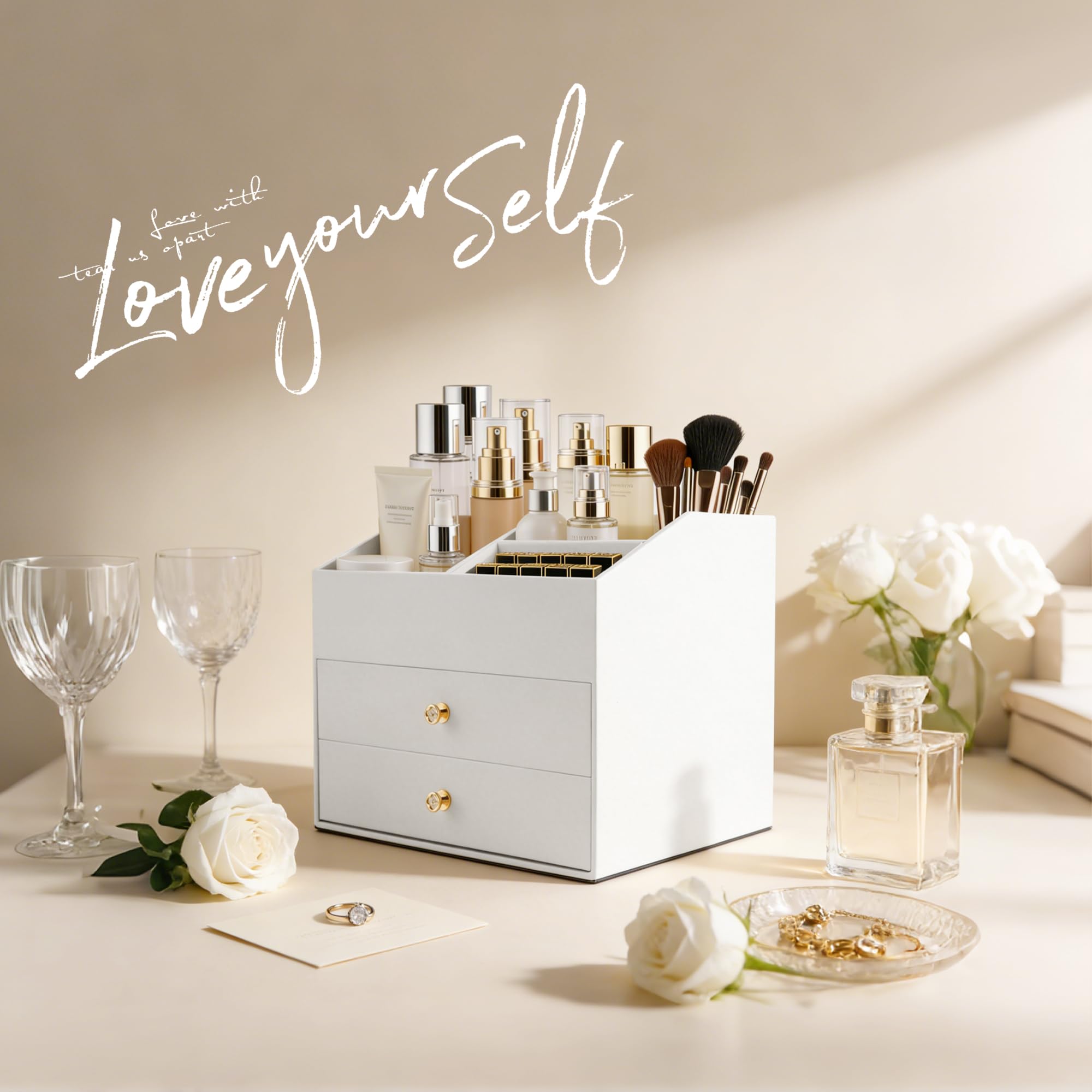 Homeanda Organizer per trucchi in finta pelle con 2 cassetti, organizer da scrivania per cosmetici, rossetti, prodotti per la cura della pelle e gioielli (bianco)