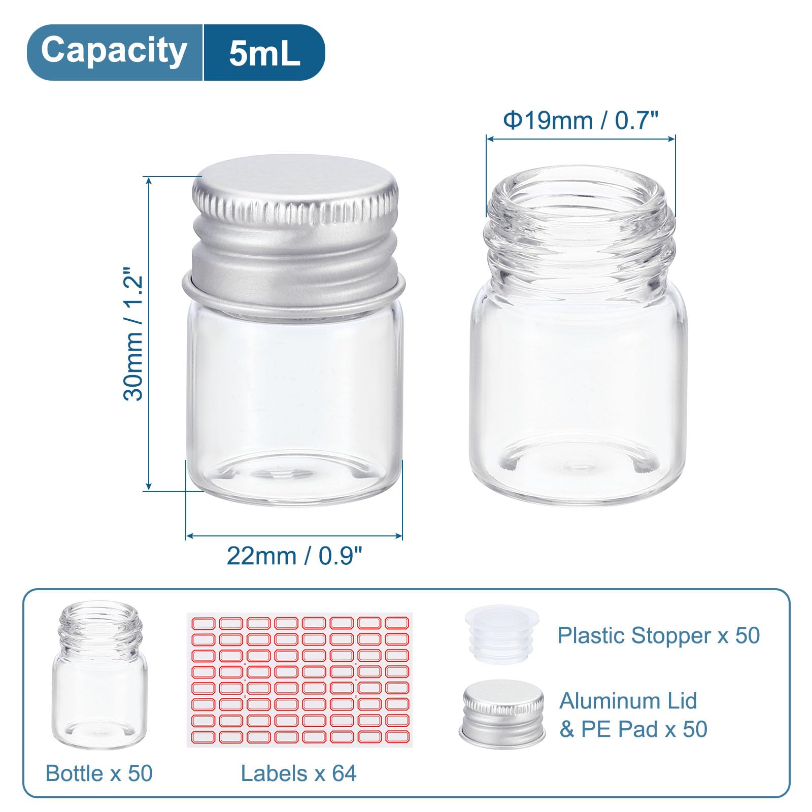 PATIKIL 5ml Fiale Vetro Trasparente, 50pz Piccola Fiala Modello Liquido con Tappi Vite Plastica Fermi e 64 Etichette Bottiglie Anti Perdita Barattoli Vuoti