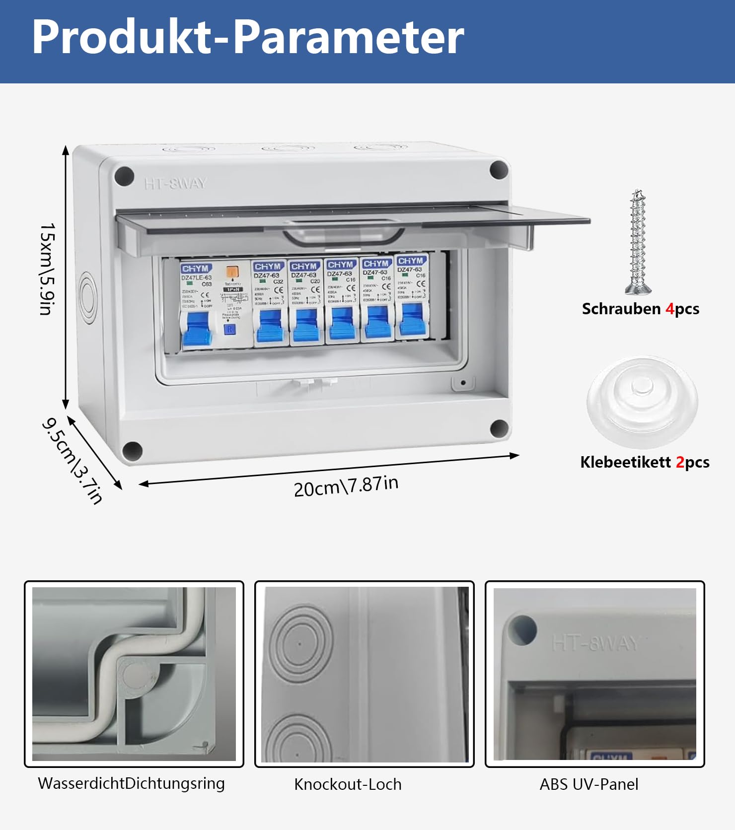 IP65 Caja de fusibles de superficie 63A AC con protección Fi subdistribución 33x16A+20A+32A