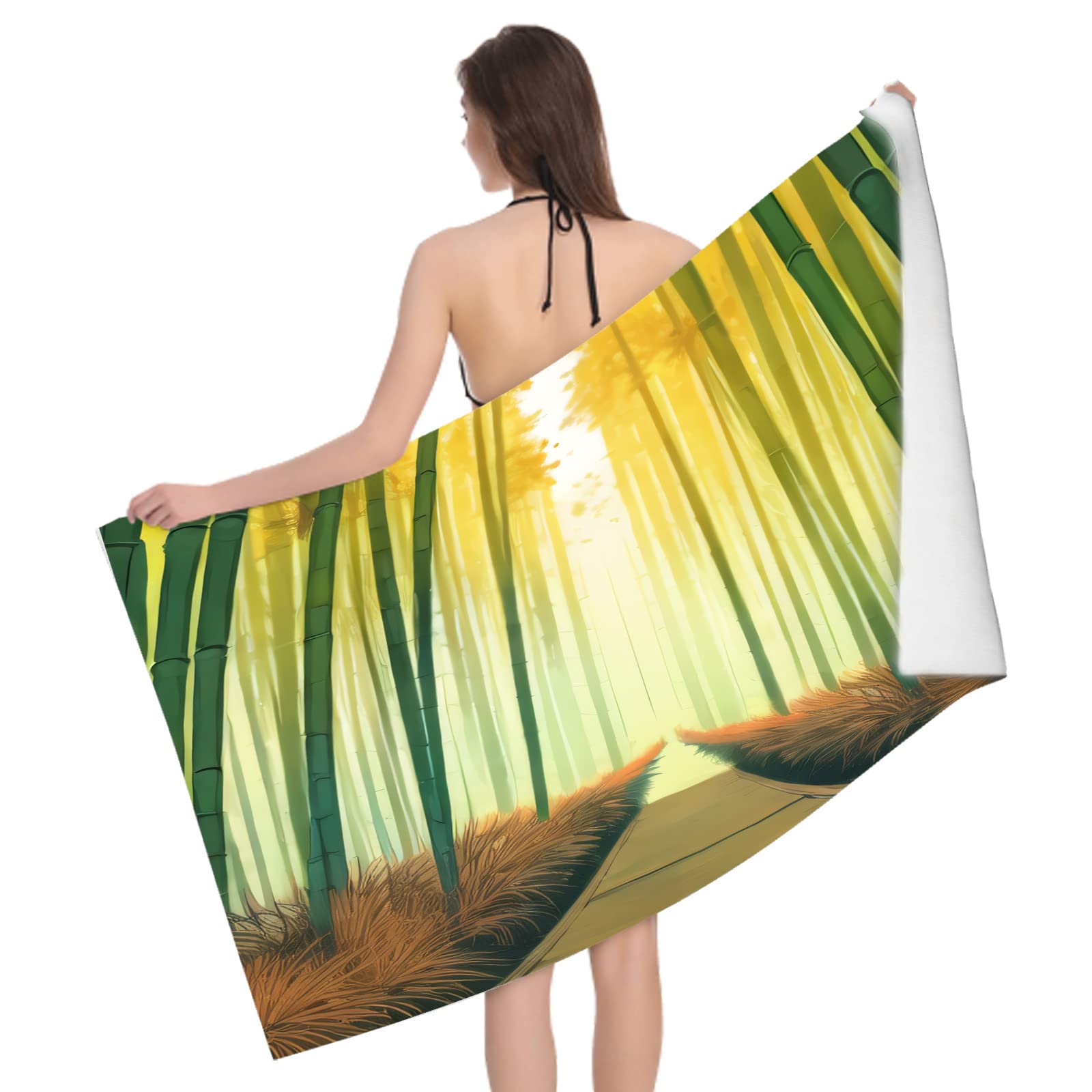 Serviette de Plage 100x200 Bambou Vert, Femme Homme, 3D Motif Plante Serviette de Bain Grande Microfibre Séchage Rapide Absorbant Drap de Plage pour Bain Voyage Camping