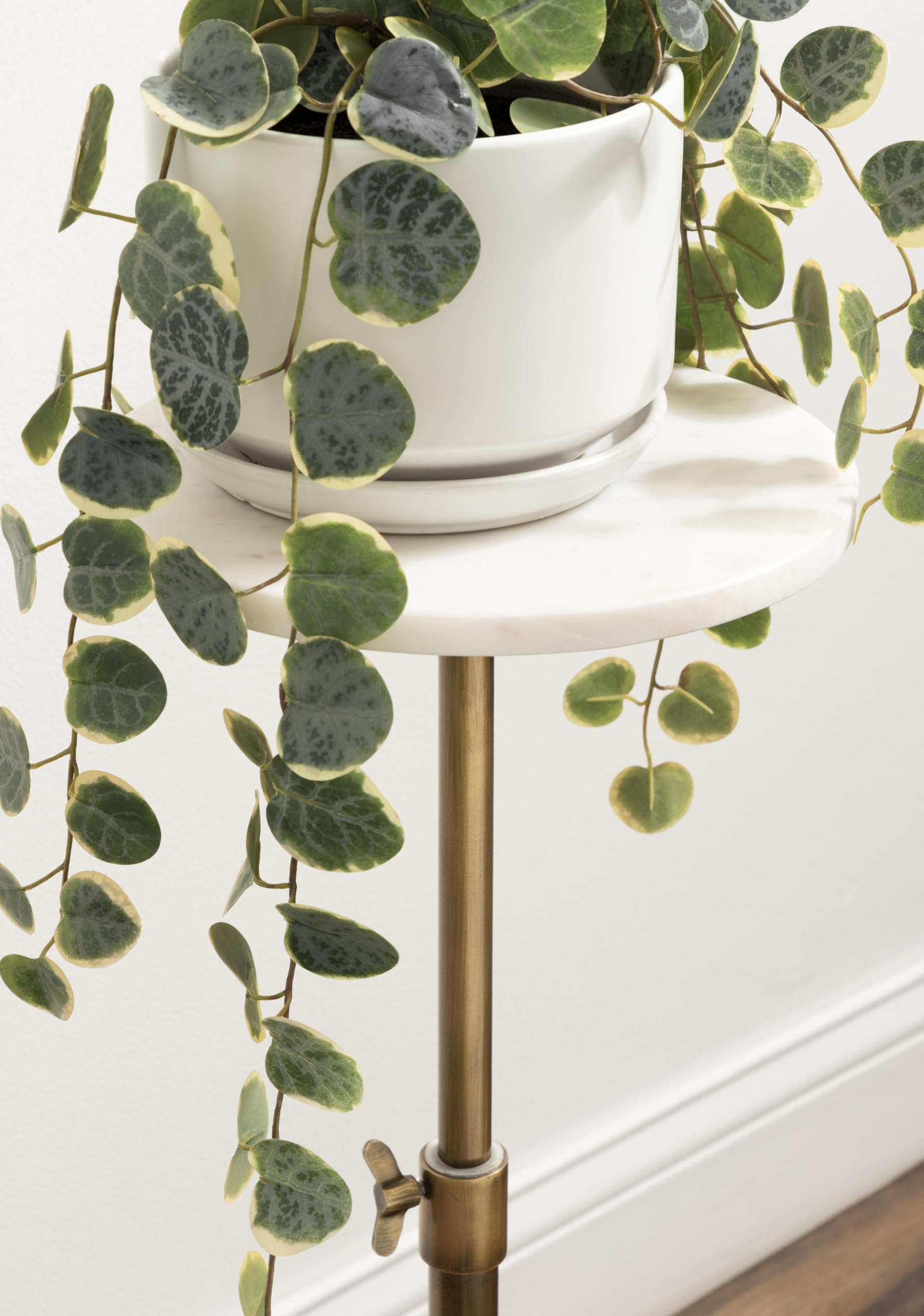 Kate and Laurel Engles Traditional Adjustable-Height Pedestal Drink Table, 10 x 10 x 30, White Marble and Antique Brass, Vintage Round Indoor Metal Plant Stand with Authentic Marble Tabletop